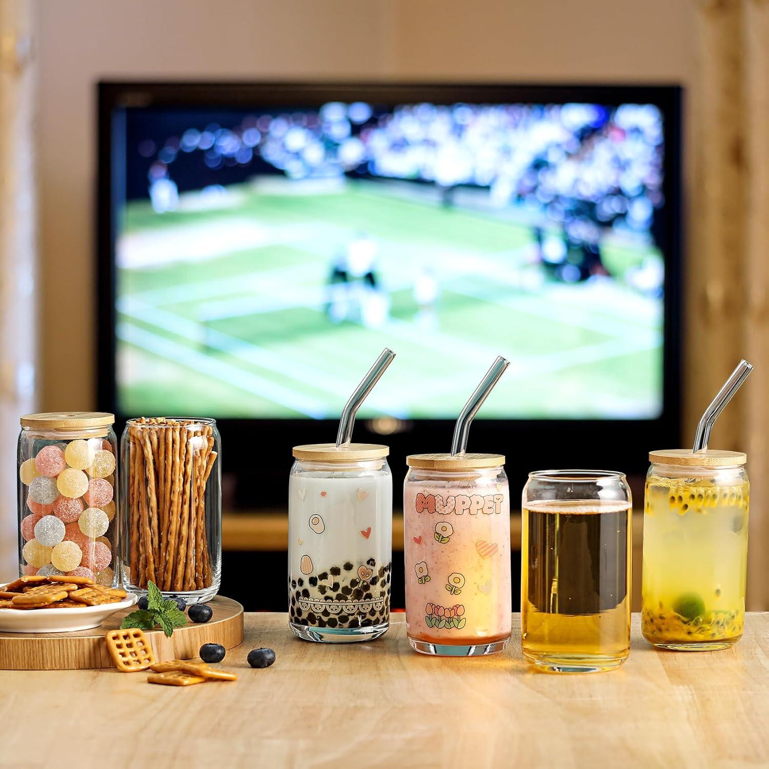 16 oz Beer Can Shaped Glass Cups with Bamboo Lids and Straws