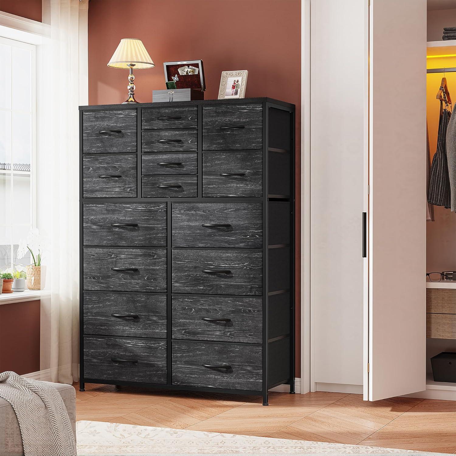 Bennium Dresser, Dresser for Bedroom with 16 Drawer, Bedroom Dressers & Chests of Drawers, Black Dresser for Bedroom, Tall Dresser for Bedroom with Deep Drawers for Closet Entryway, Black Wood Veins