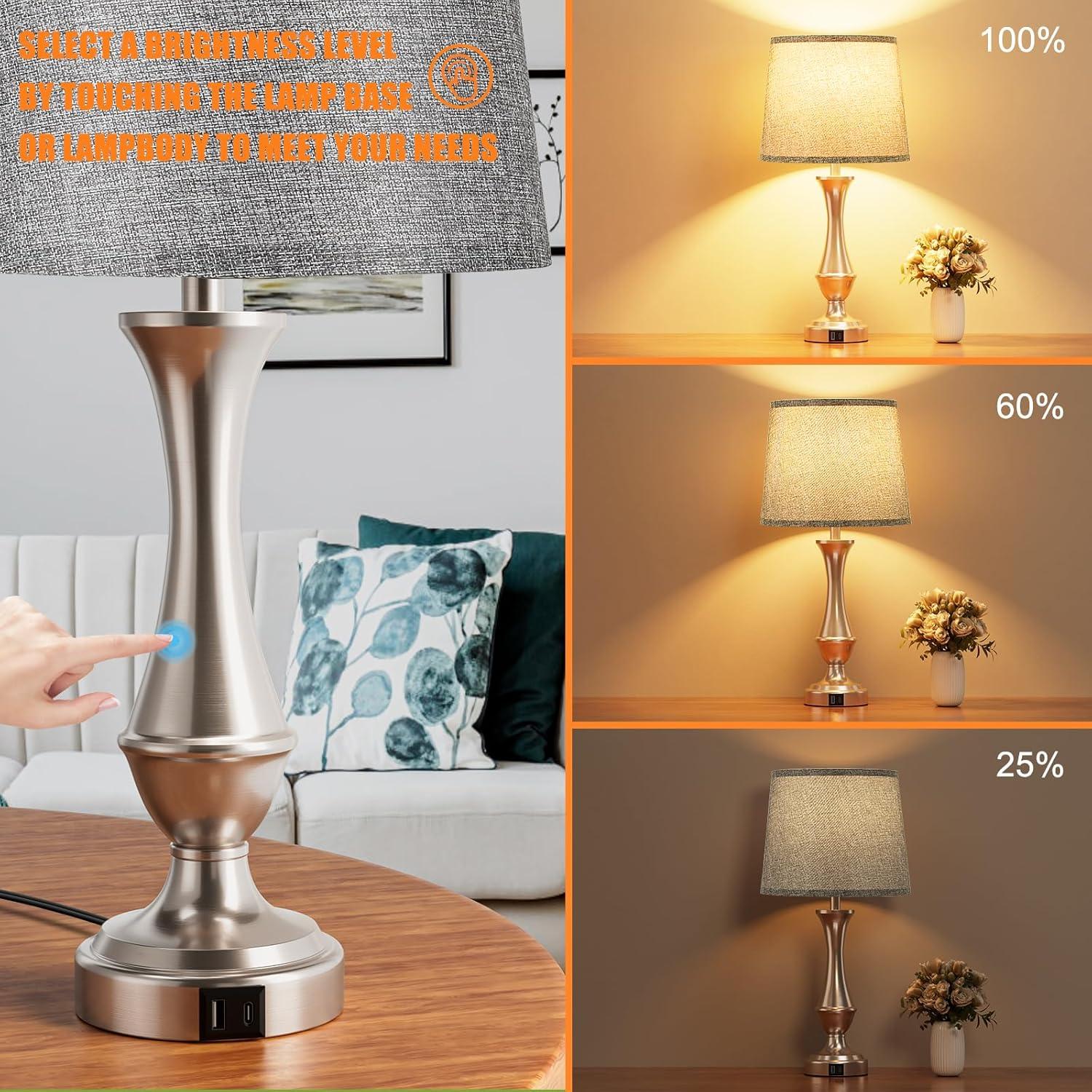 Upgraded Touch Lamps for Night Stands Set of 2 - Bedside Lamps with USB C+A, 3 Way Dimmable for Bedroom Living Room End Tables Office (Grey&Nickel)