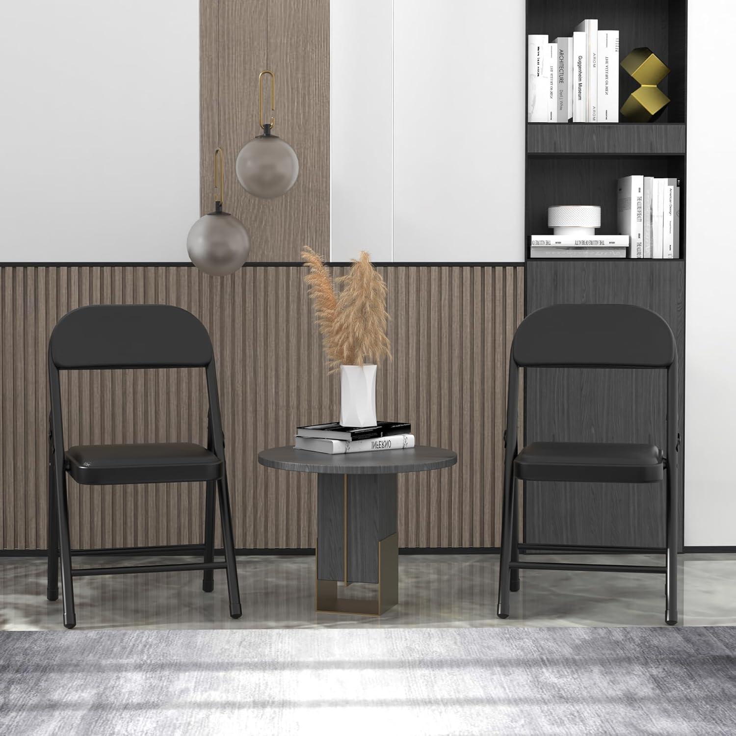 Black Metal Folding Dining Chairs with Cushions, Set of 2