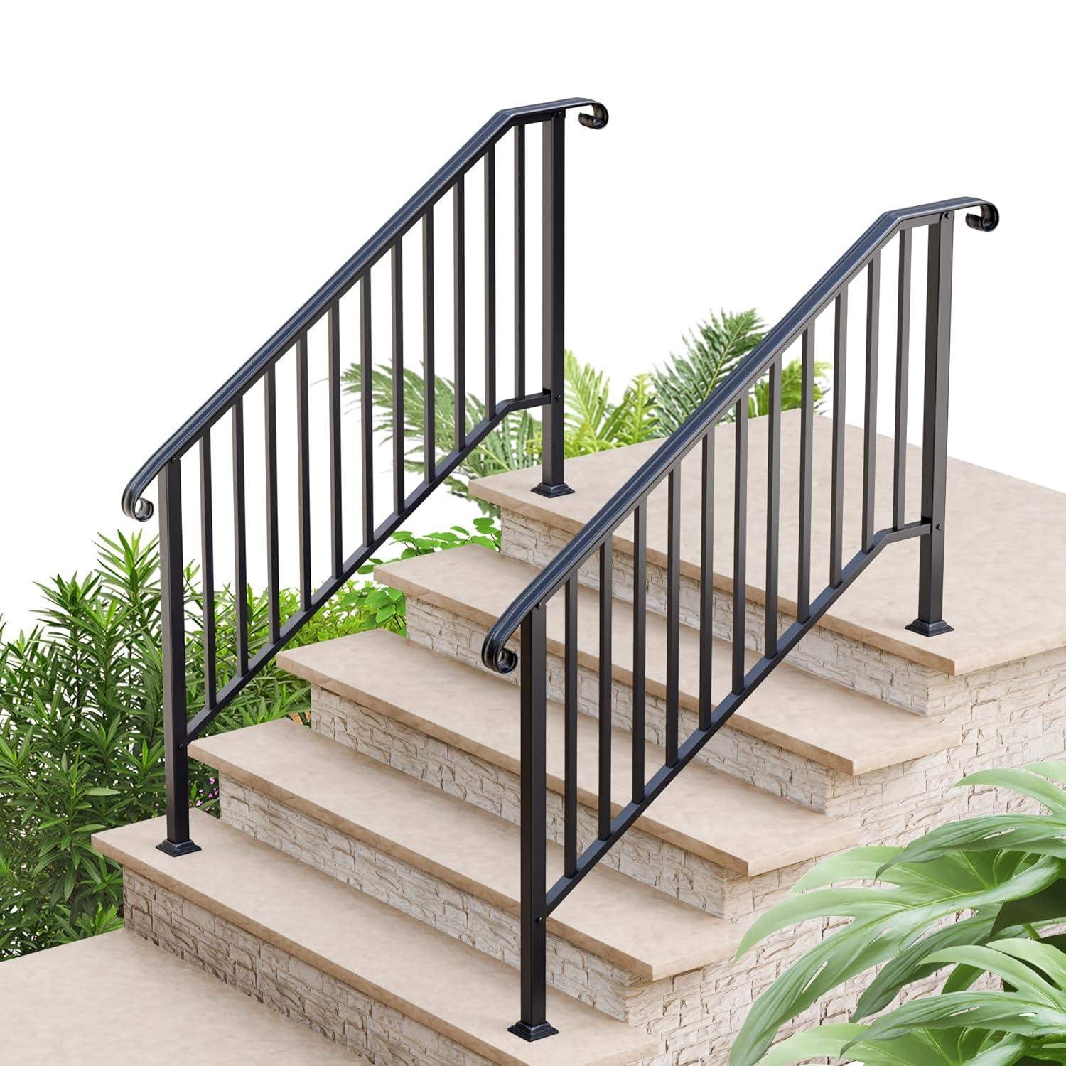 2 Pack 5 Step Handrails for Outdoor Steps, Wrought Iron Stair Railing Fits 4 or 5 Steps, Metal Hand Rail with Installation Kit, Staircase Handrails for Concrete, Porch, Deck, Exterior Steps, Black