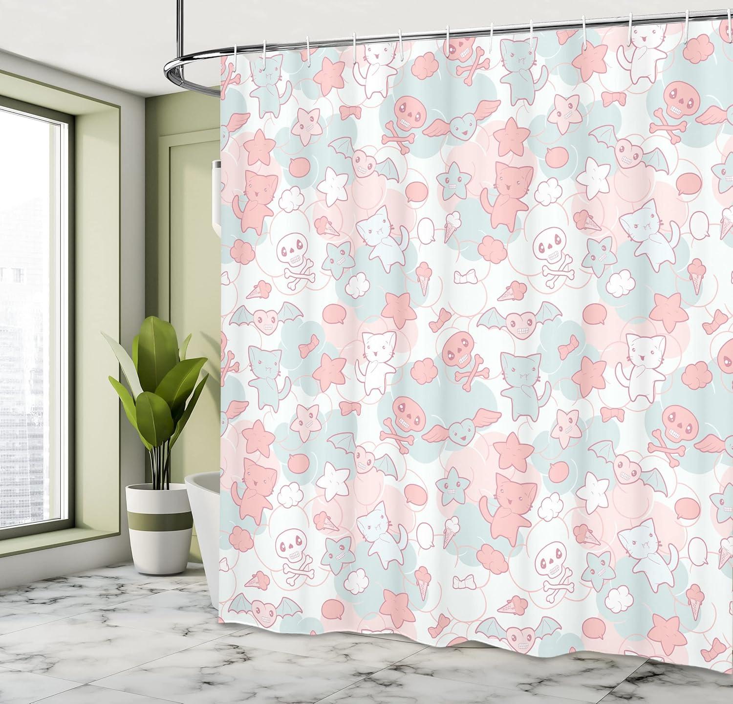 Ambesonne Cartoon Shower Curtain, Bats, 69"Wx70"L, Pale Pink Pale Blue