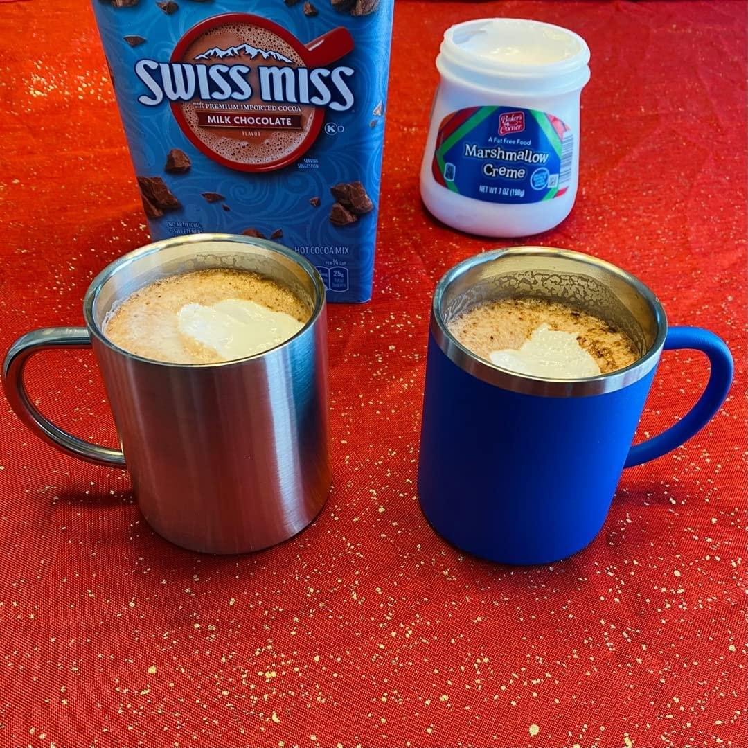 Stainless Steel Kids Mugs - BPA Free 10 oz Childrens Cup, Coffee Style Mugs for Hot Chocolate, Milk, Set of 2 with Handle, Lid and Straw (Blue / Red)…