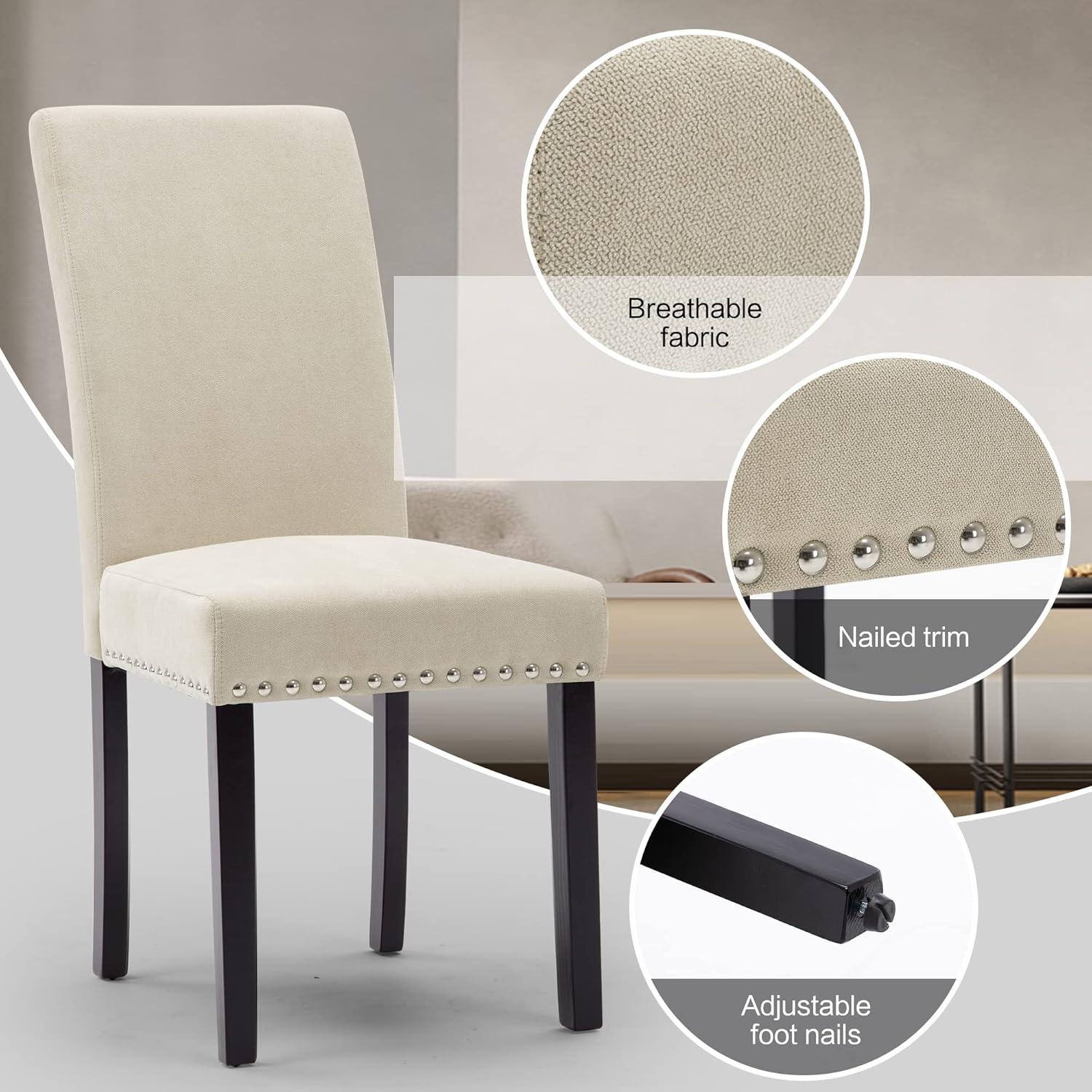Costway Set of 2 Fabric Dining Chairs Upholstered with Nailhead Trim Beige