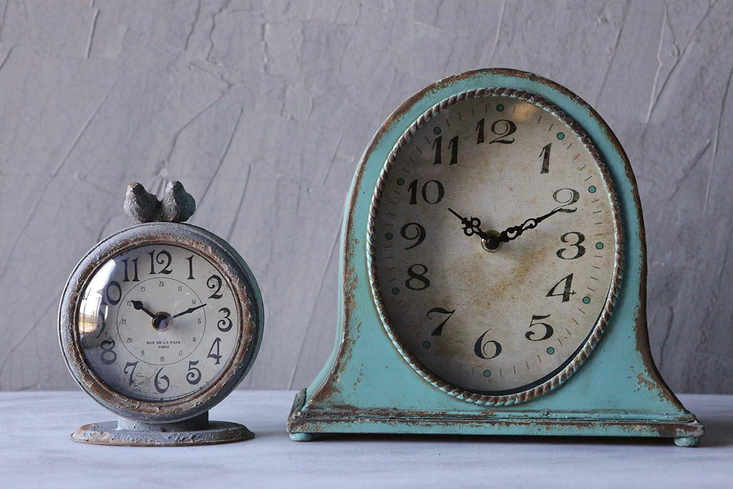 Distressed Aqua Metal Mantel Clock with Wooden Base