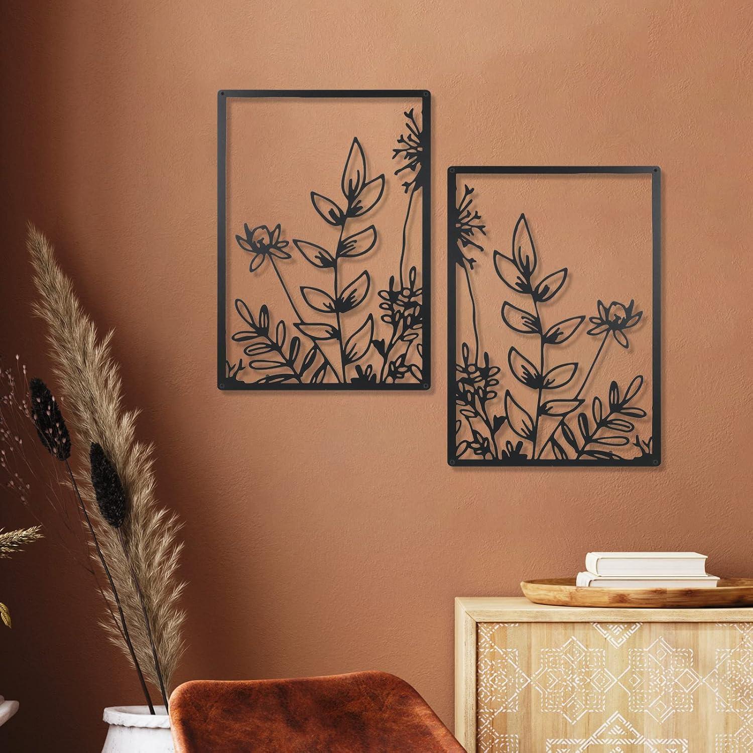 Black Metal Floral Minimalist Wall Art Set of 3