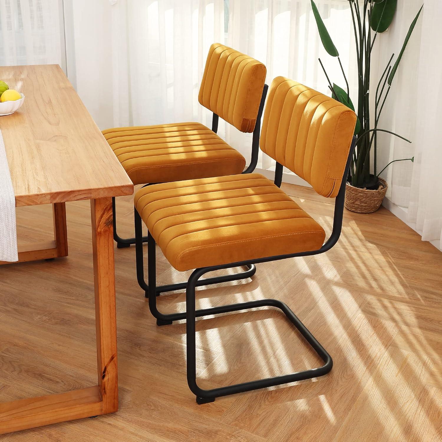 Orange Velvet Upholstered Side Chair with Black Metal Legs, Set of 2