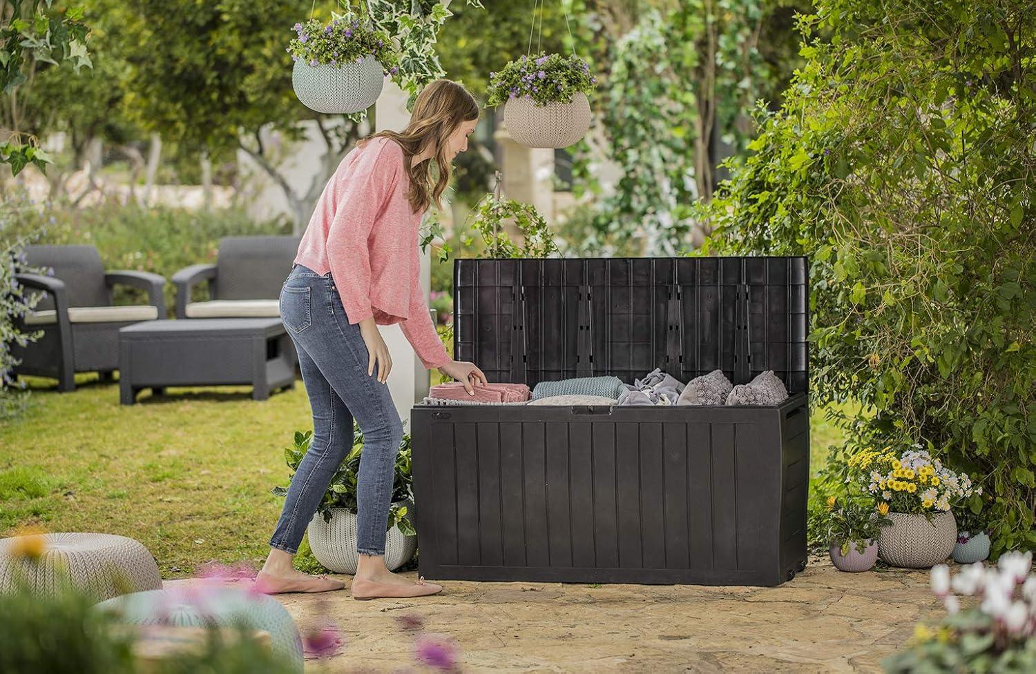 Brown Lockable Plastic Wicker Deck Box with Wheels, 71 Gal