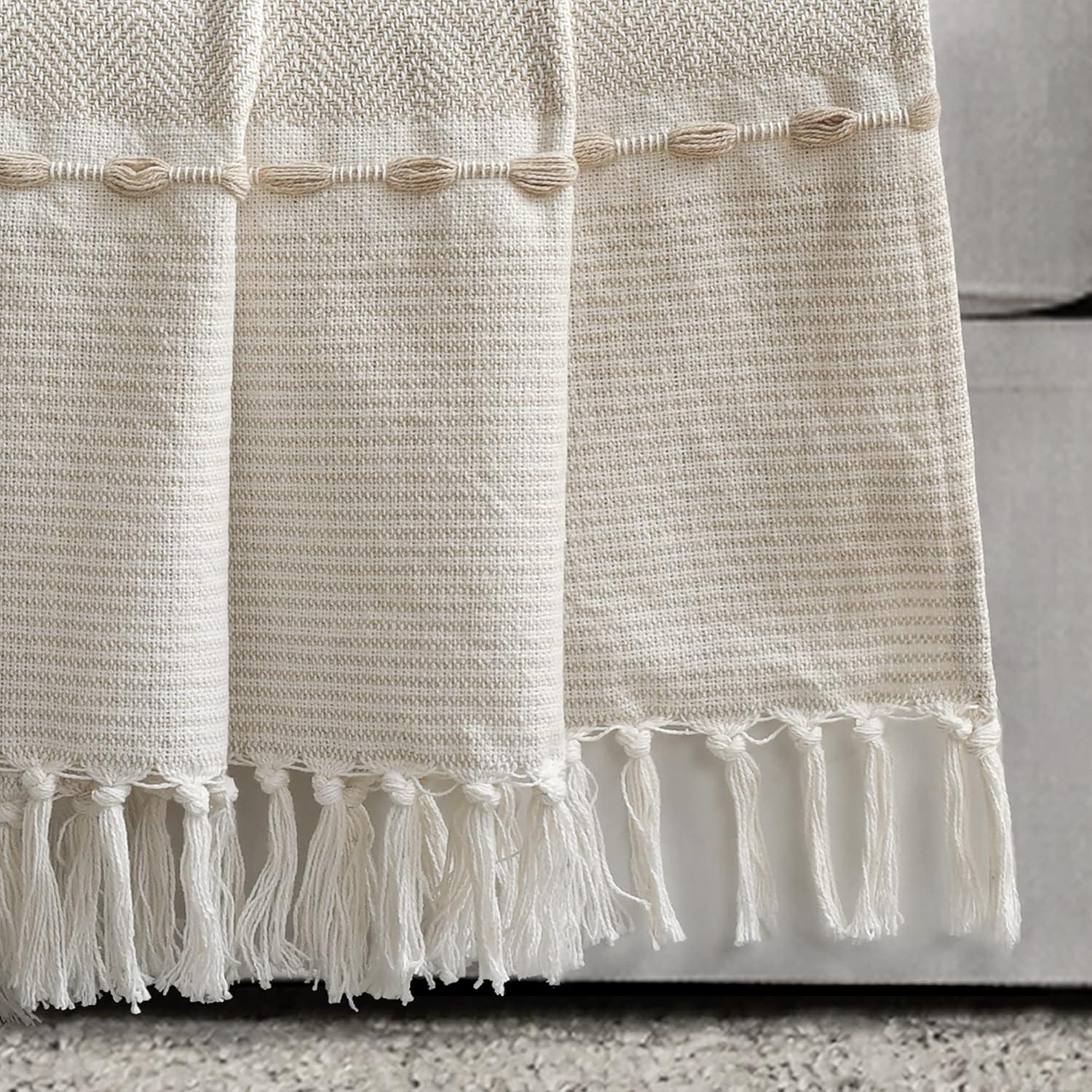 Lush Decor Herringbone Stripe Yarn Dyed Cotton Woven Tassel Throw, 60" x 50"+ 3.5" Tassel Fringe, Neutral/White, Single