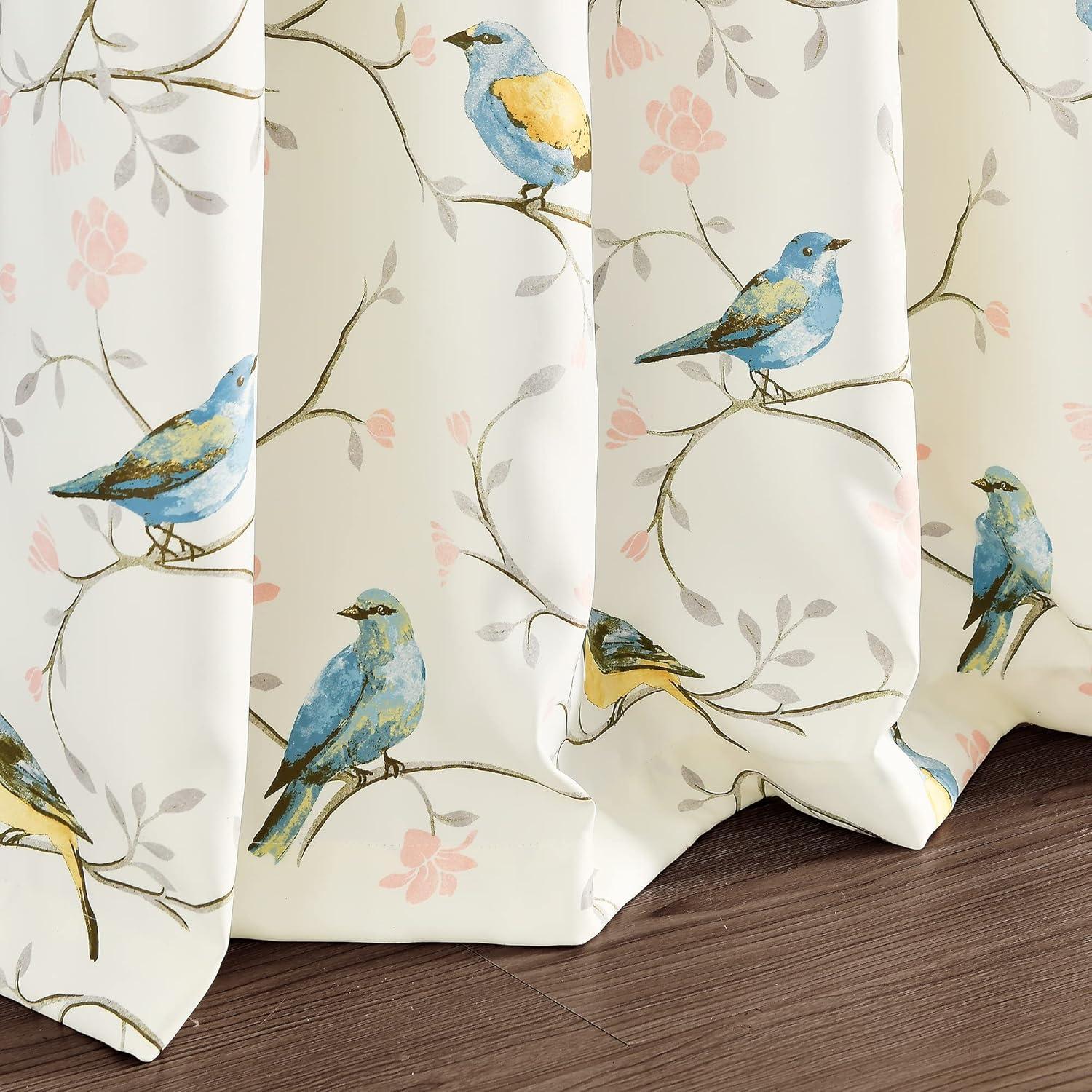 Botanical Bird and Flower Polyester Blackout Curtain Pair, 84" L x 52" W