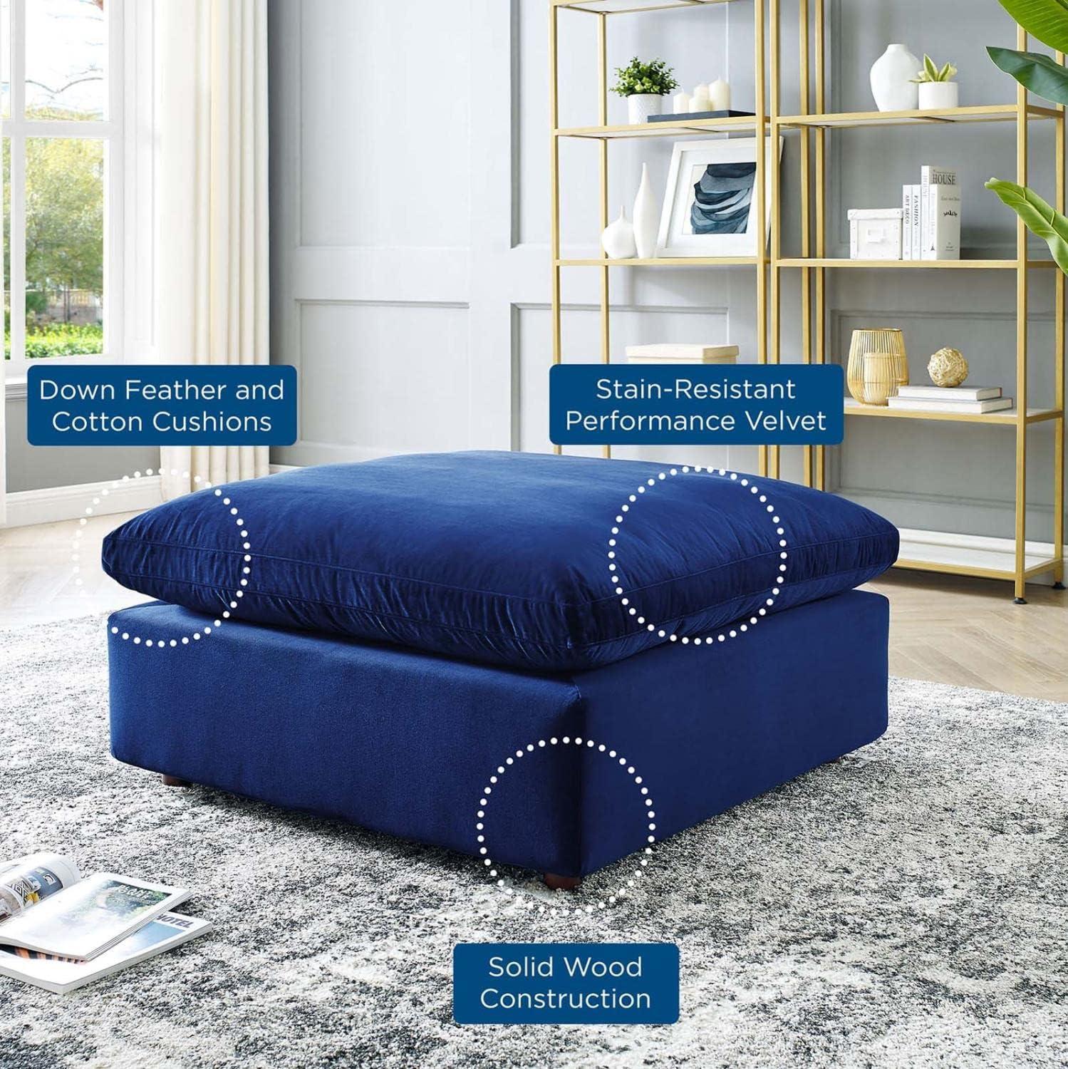 Luxurious Navy Performance Velvet Overstuffed Ottoman with Down Fill