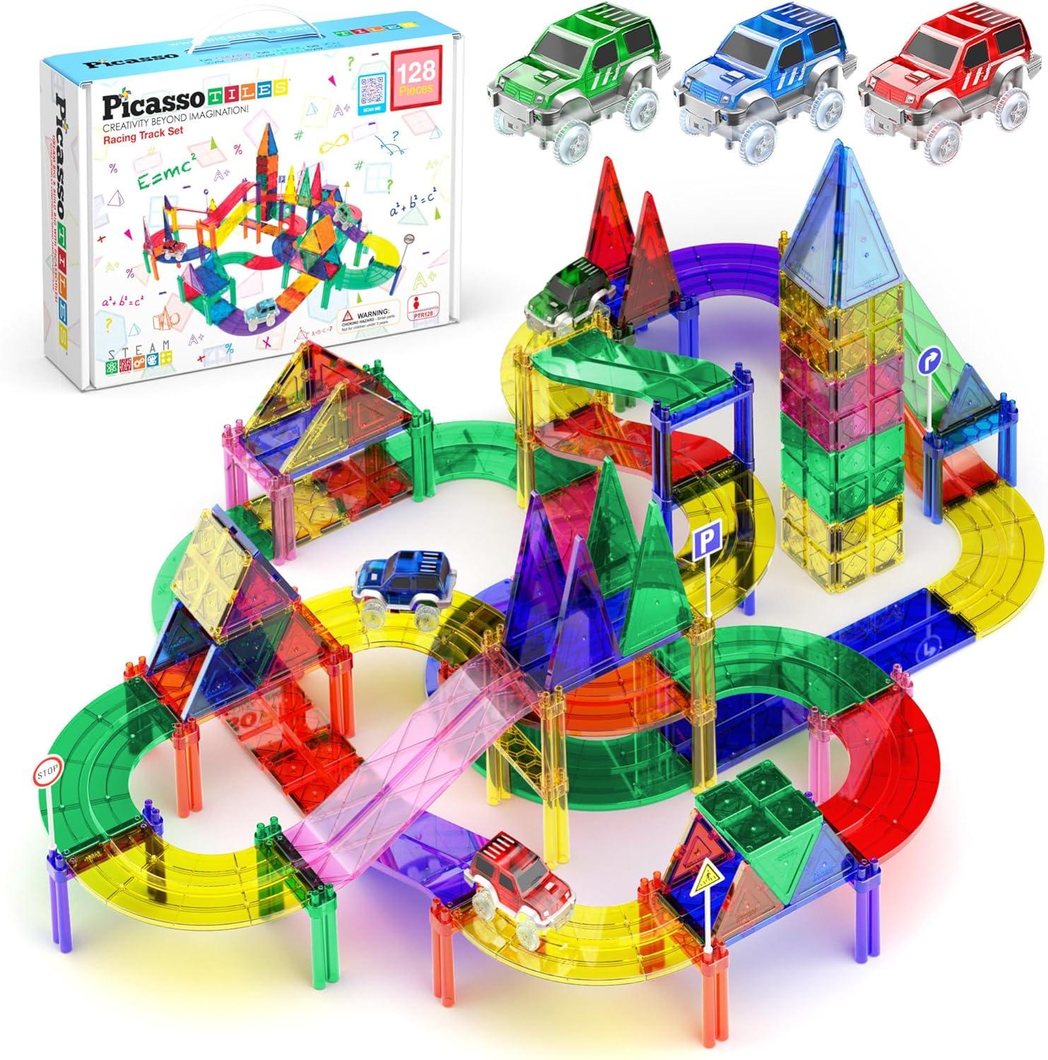 PICASSO-TILES Race Track Magnetic Tiles for Kids, 128PCS with 3 Racing Cars, Construction STEM Building Blocks Educational Toy