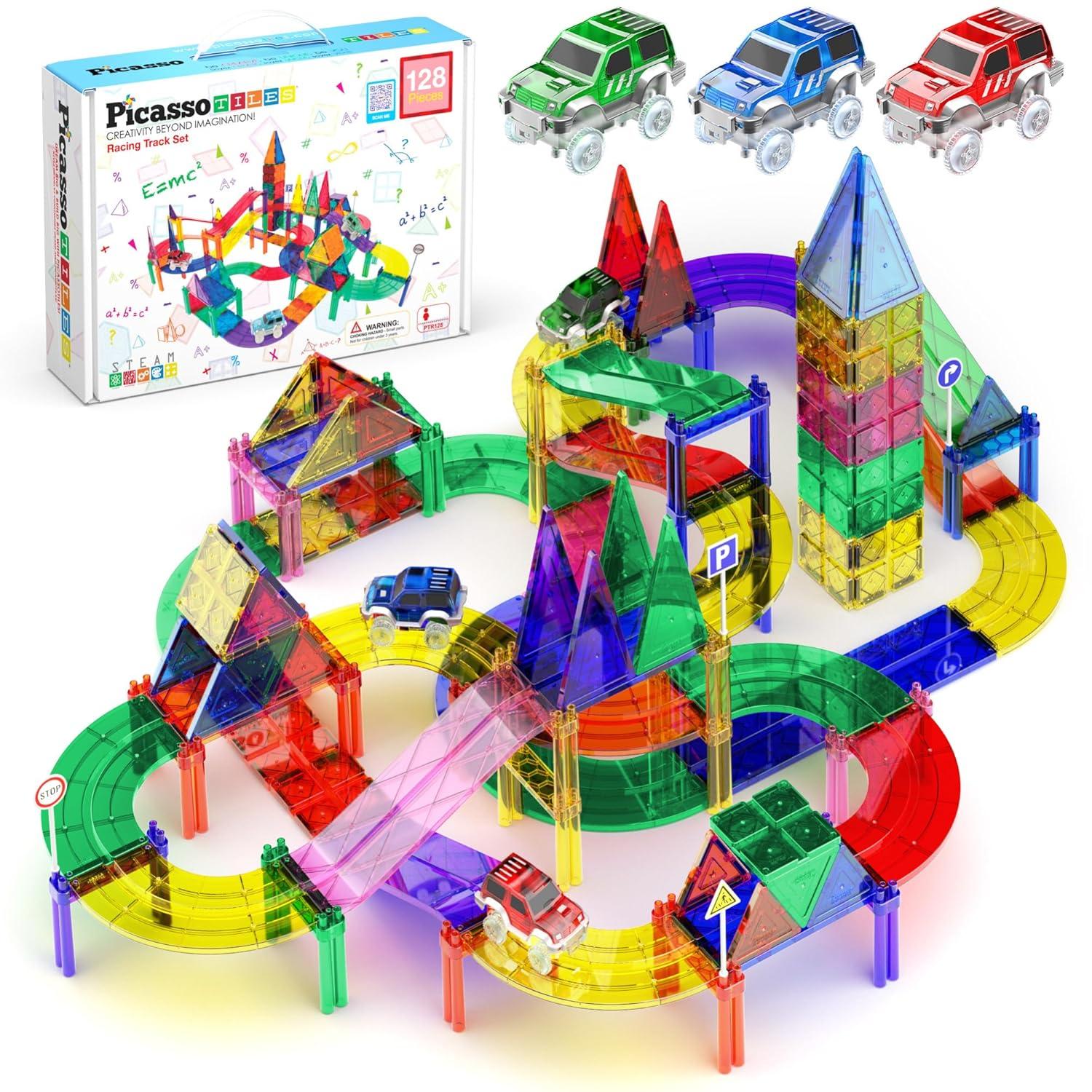 PICASSO-TILES Race Track Magnetic Tiles for Kids, 128PCS with 3 Racing Cars, Construction STEM Building Blocks Educational Toy