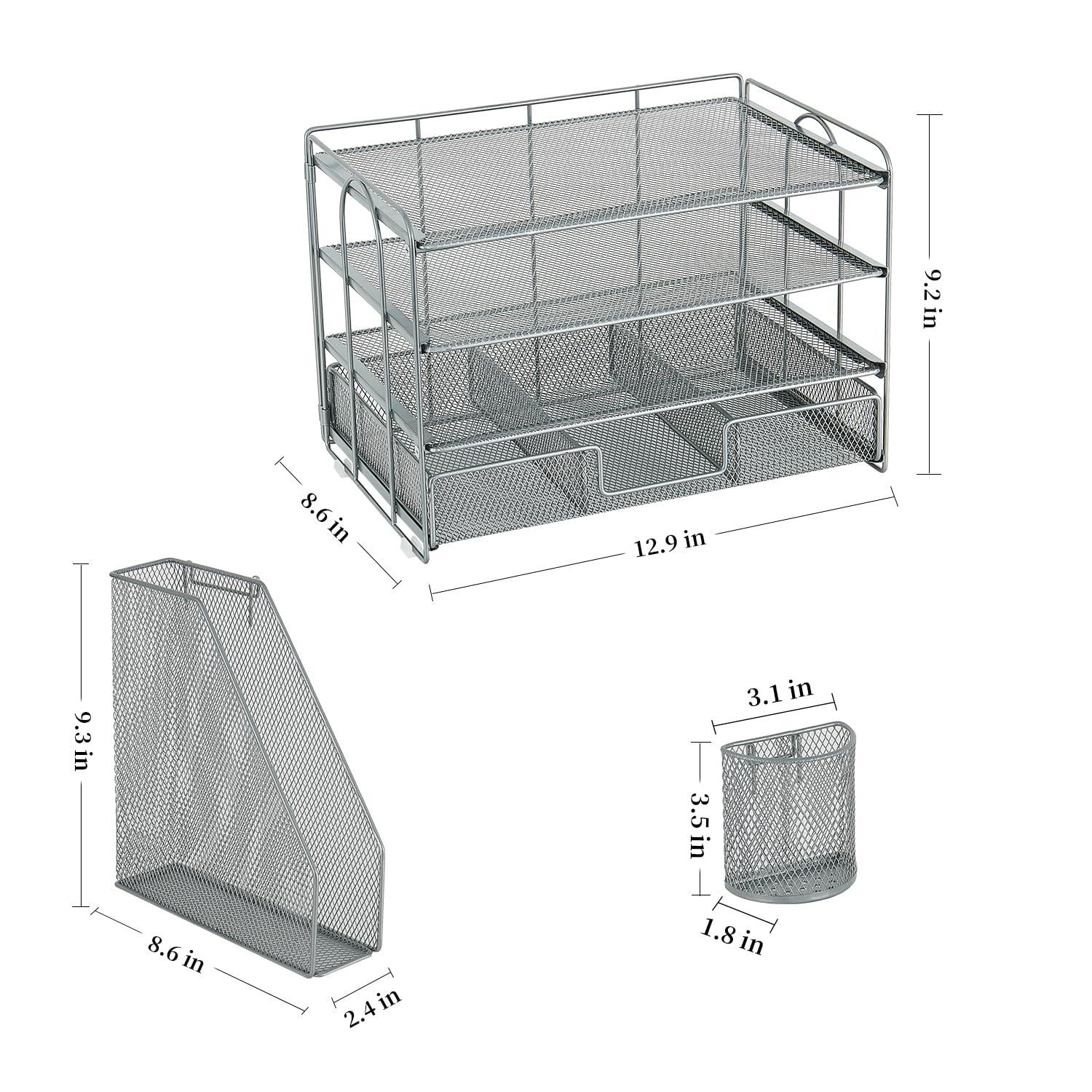 gianotter Desk Organizers and Accessories with File Holder, 4-Tier Desk Accessories & Workspace Organizers with Drawer and 2 Pen Holder, Paper Organizer for Office Supplies (Grey)
