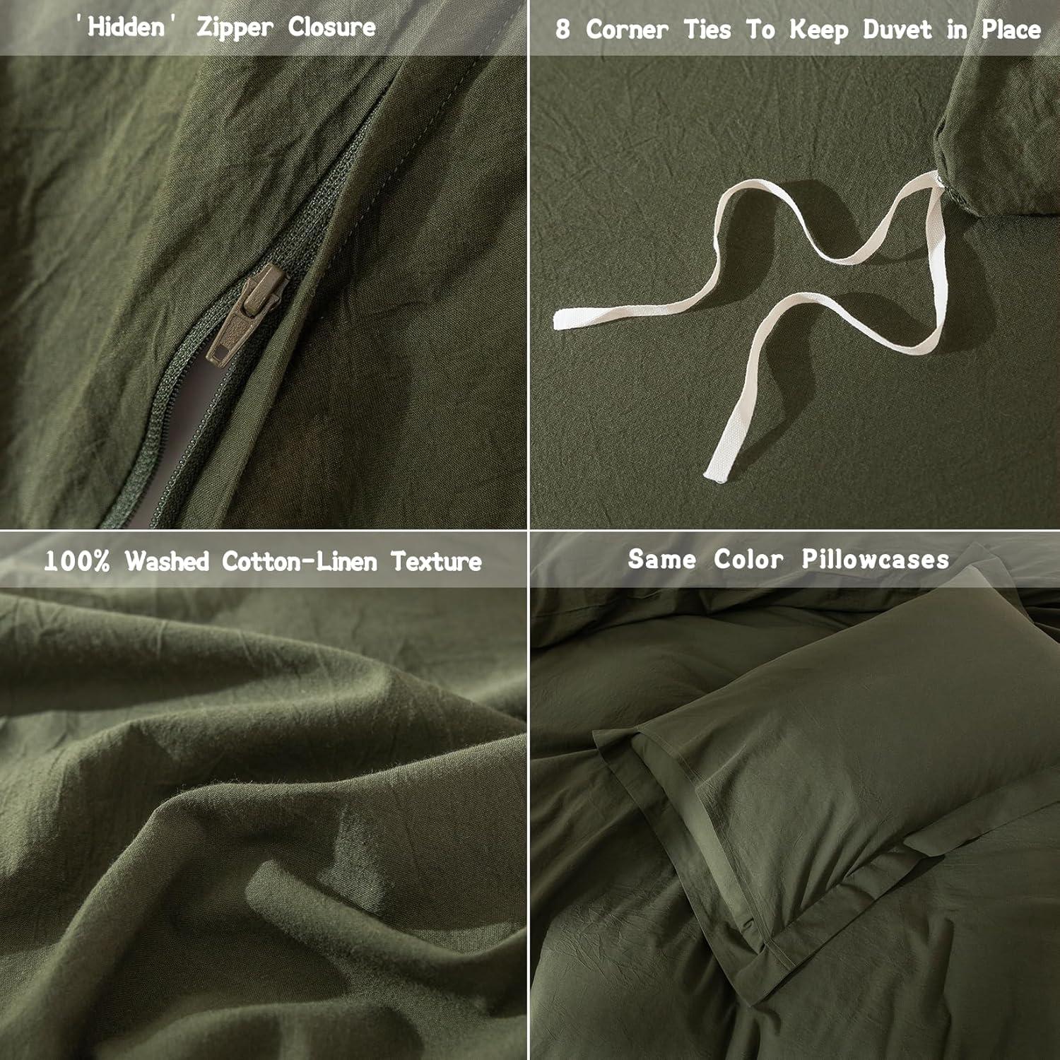 Olive Green Duvet Cover Queen Size, 100% Washed Cotton Bedding Set Cover 1 Duvet Cover 90inch x 90inch with Zipper Closure and 2 Pillowcases, Olive Green