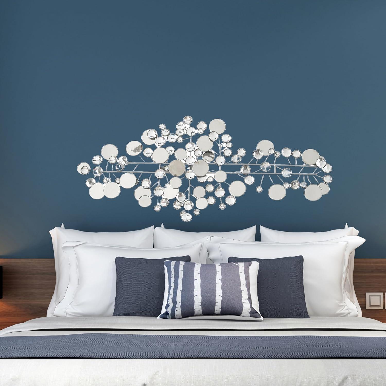 Modernist Floating Circles, Abstract Metal Wall Art, Artisan Crafted, Roundels of Silver, Mirrors, Faux Multi Carat Diamonds, Iron, Over 3 Ft Long, Hangers on Back