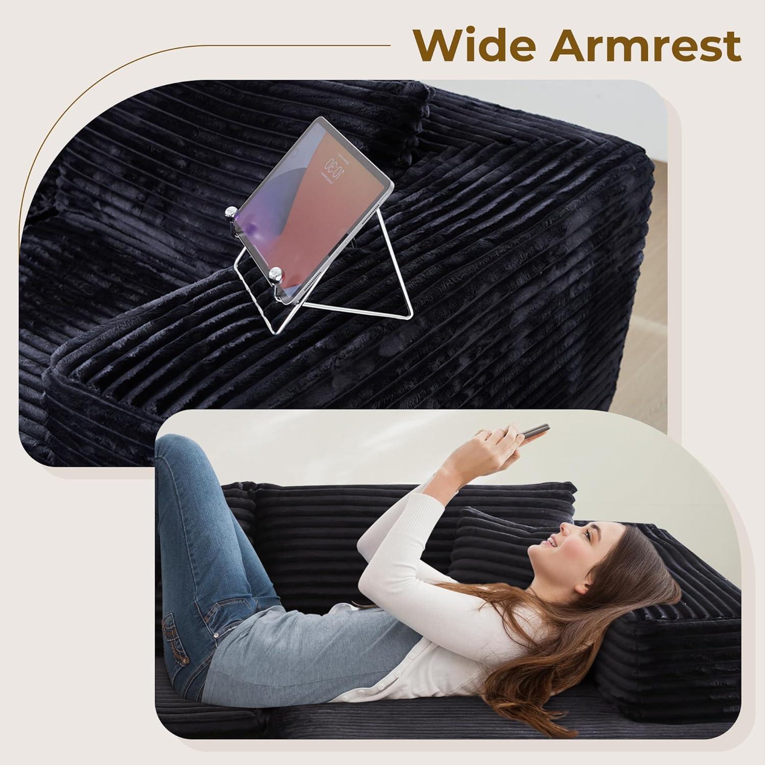 104" L-Shape Modular Sectional Sofa Couch - Comfy Upholstered Cloud Couches for Living Room - Modern Minimalist Couch,Deep Seat,No Assembly Required (Black,Plush Corduroy, Right Facing Chaise)