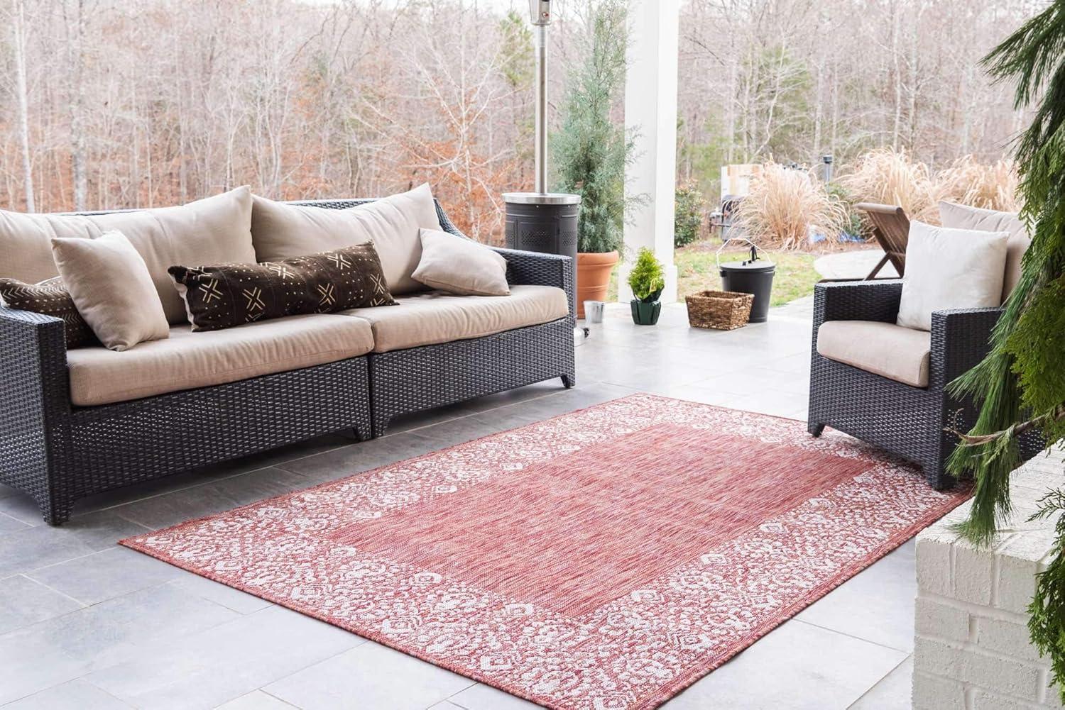 Unique Loom 5' 3 x 8' 0 Rectangle Indoor/Outdoor Border Rust Red Area Rug