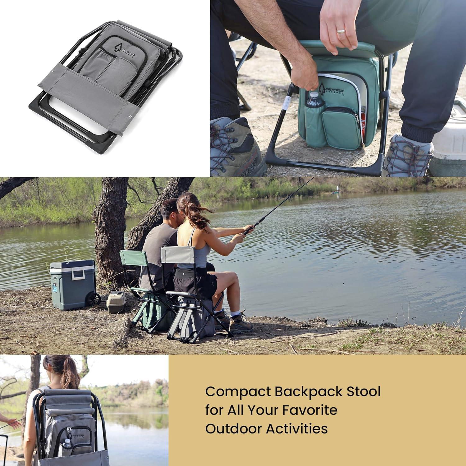 Arrowhead Outdoor Multi-Function 3-in-1 Compact Camp Chair: Backpack, Stool & Insulated Cooler, w/Bottle Holder & Storage Bag, Hiking (Granite Grey)