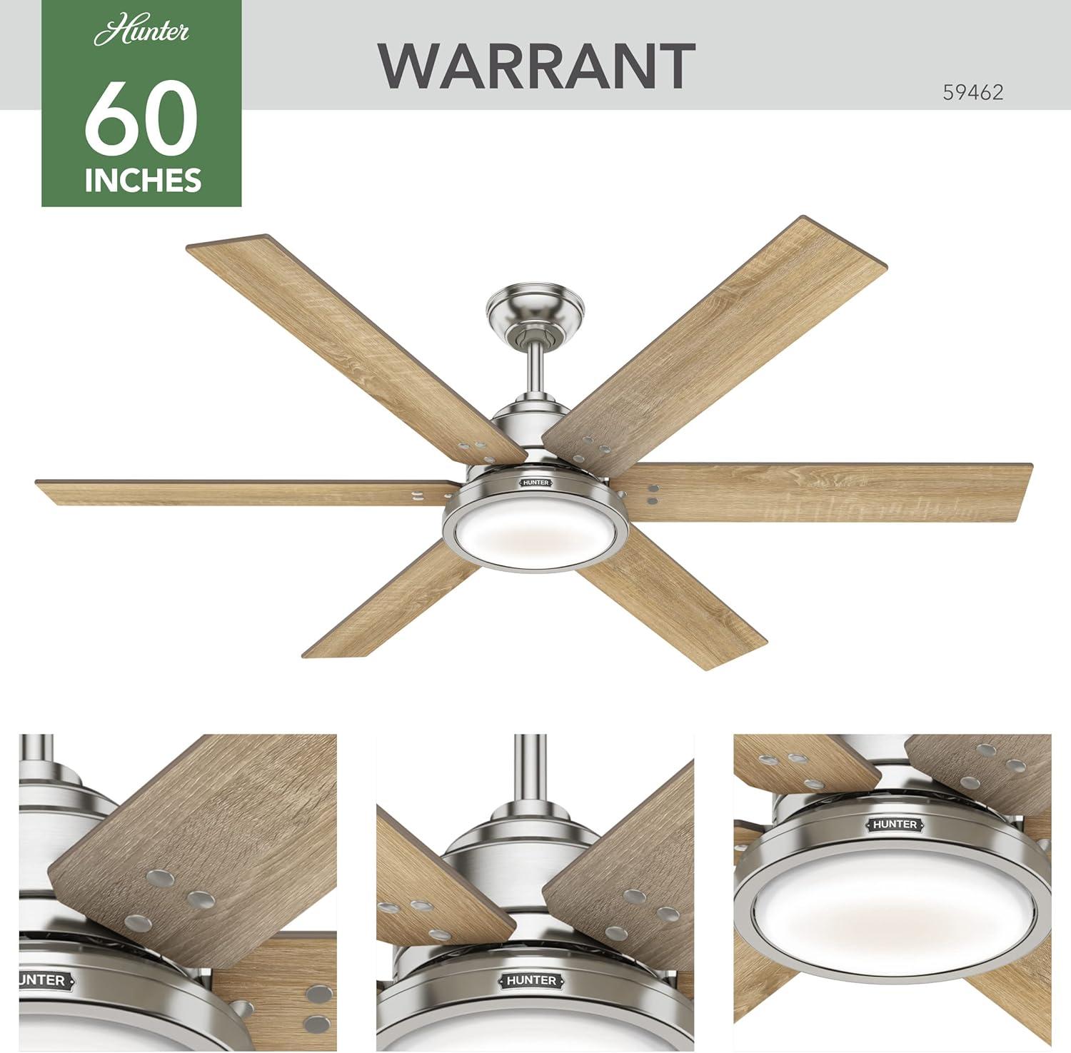 Hunter 60" Warrant Brushed Nickel Ceiling Fan with Light Kit and Wall Control