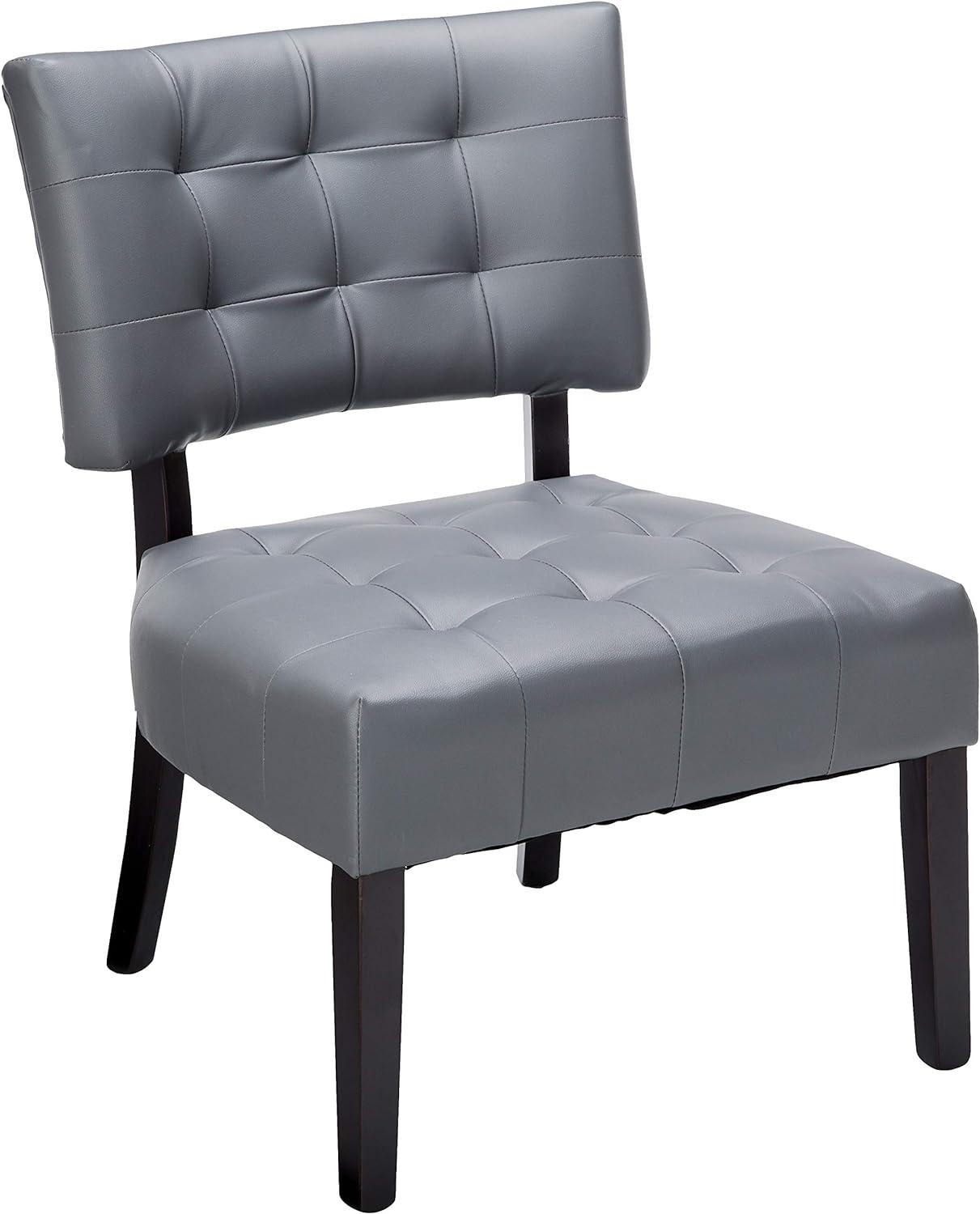 Gray Leather Tufted Oversized Slipper Chair with Wood Legs