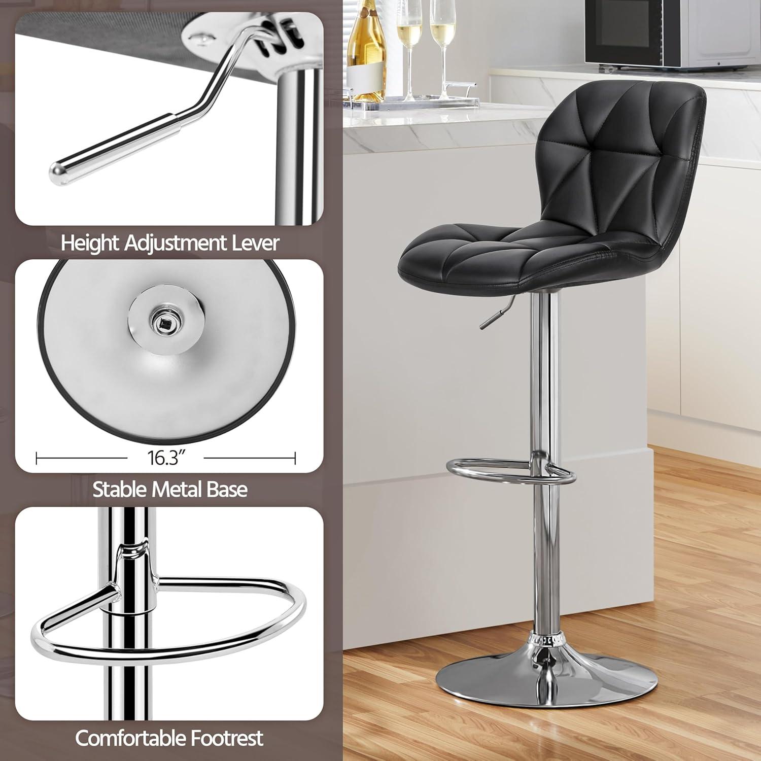Modern Black Faux Leather Adjustable Swivel Bar Stools, Set of 2