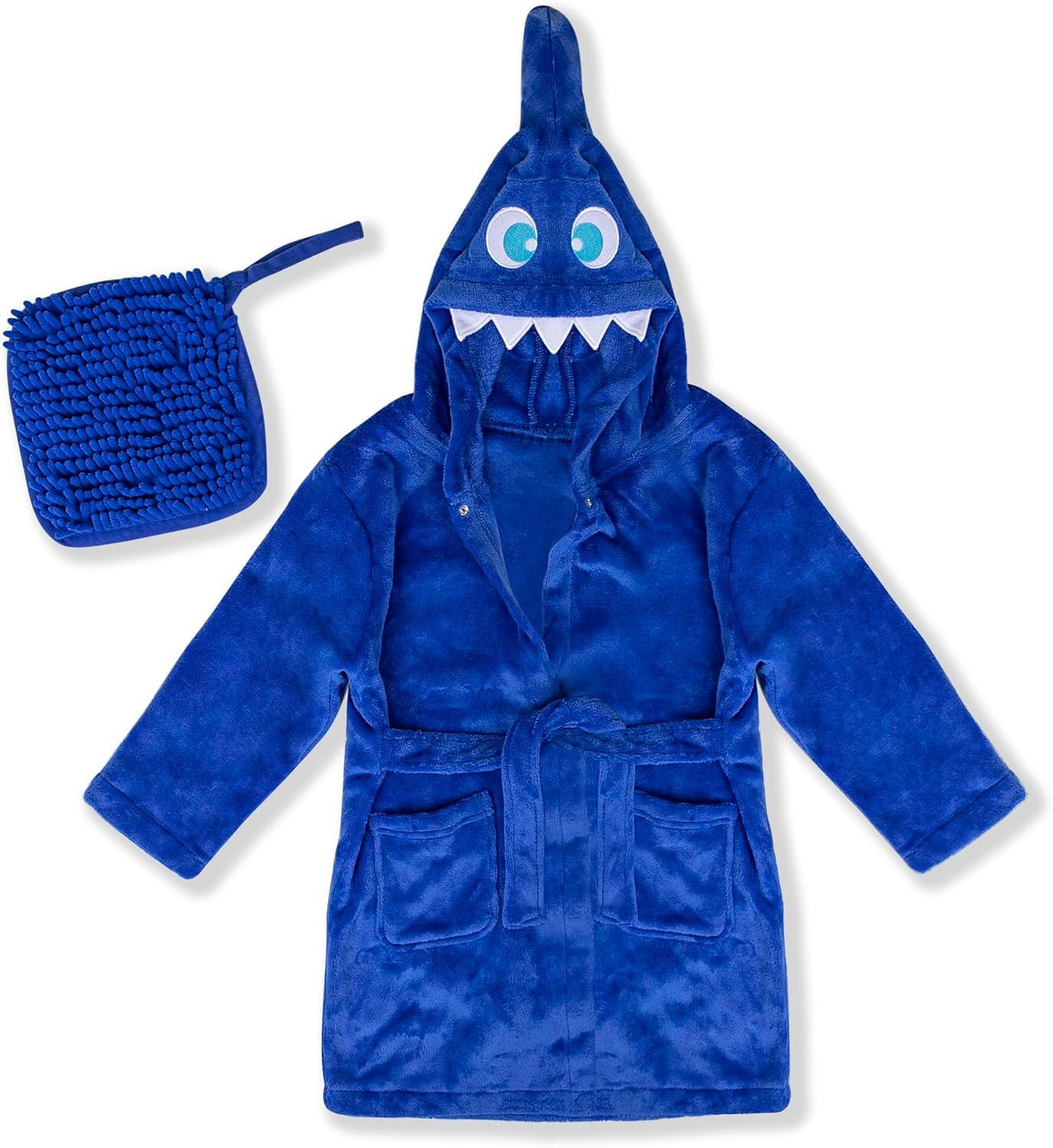 Rising Star Shark Girls & Boys Robe, Kids Soft Plush Hooded Bathrobe -Ages 3-5T
