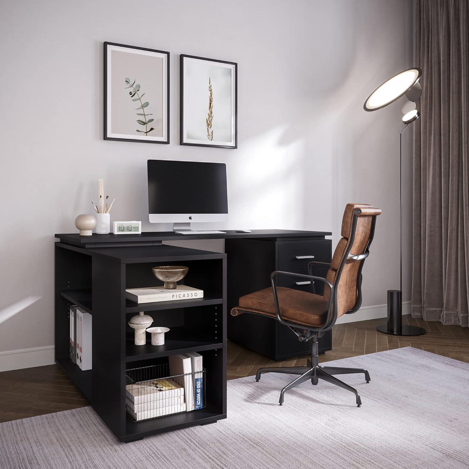 Black Wood L-Shaped Corner Computer Desk with Drawer and Filing Cabinet