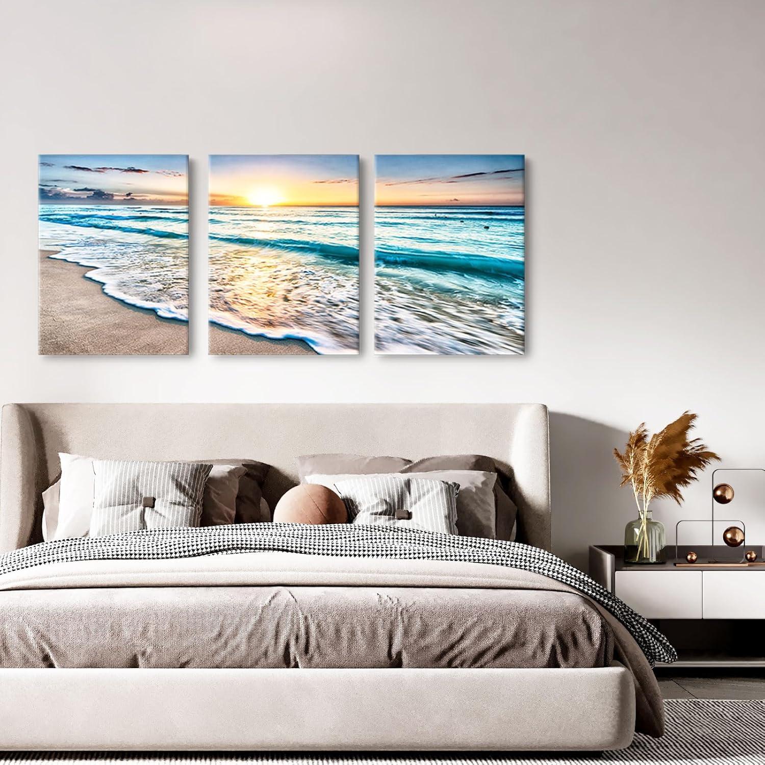 Asdg12s-3 Panel Wall Art Blue Sea Sunset White Beach Painting The Picture Print On Canvas Seascape The Pictures for Home Decor Decoration,Ready to Hang