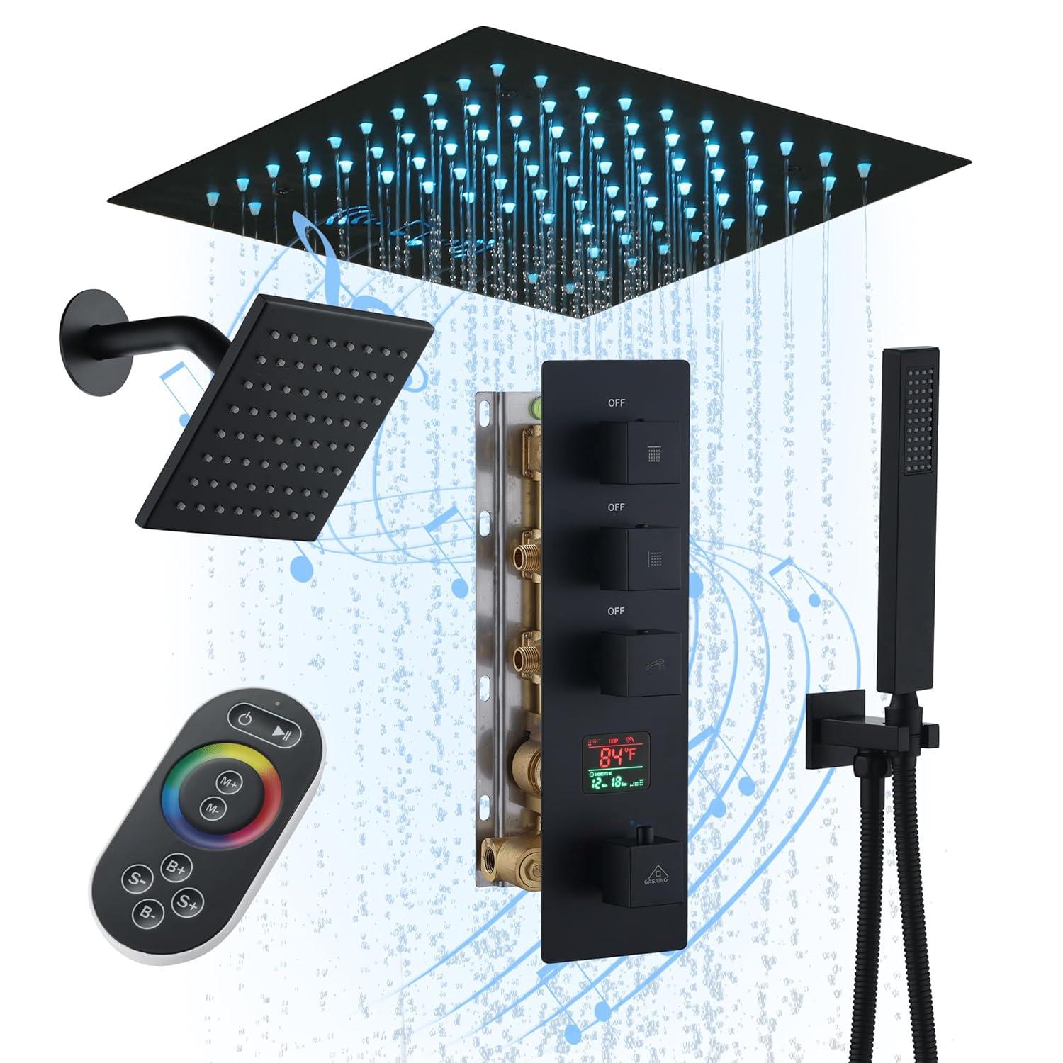 Rodeo 27.5-Inch LED&Music Rainfall Thermostatic Shower System with Slide Bar and 2-in-1 Handheld