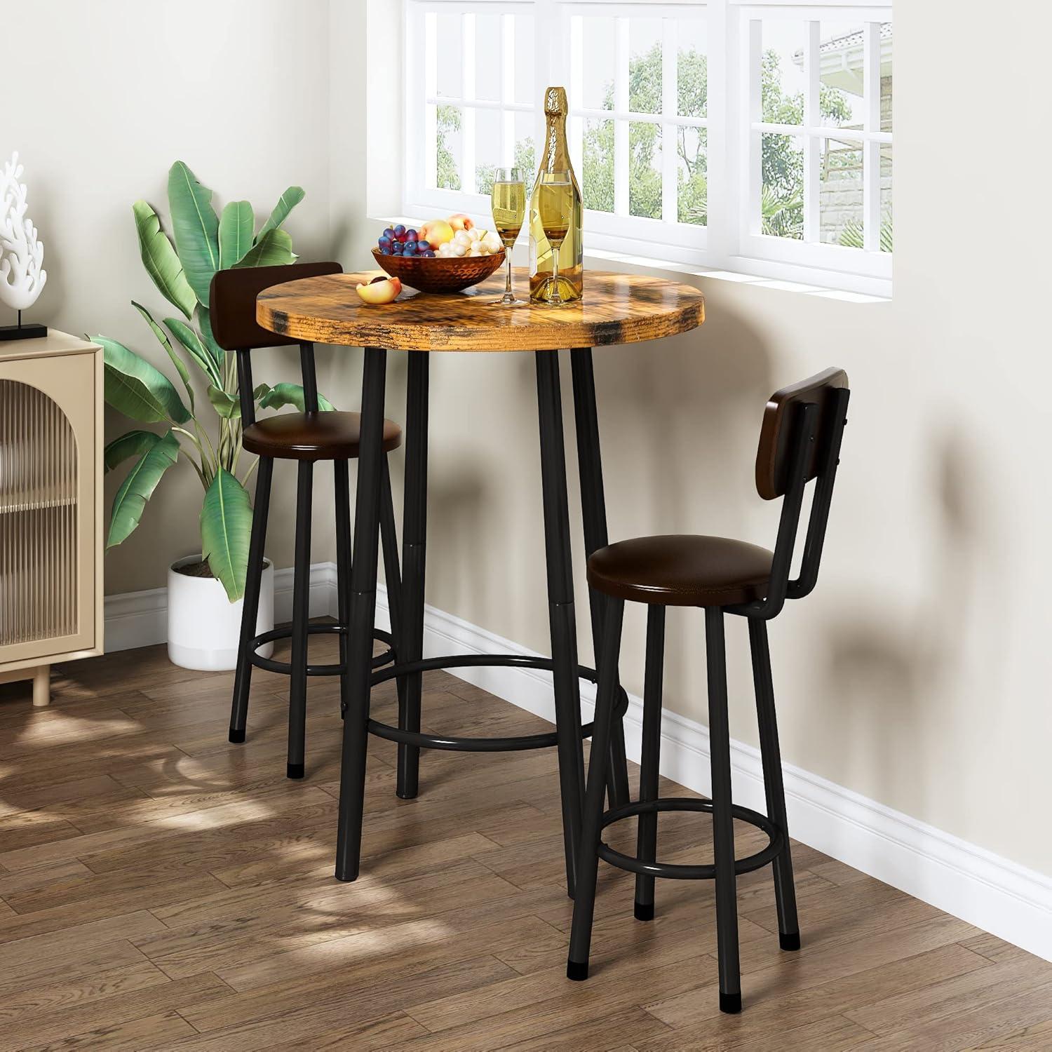 Recaceik 3 Piece Pub Dining Set, Modern Round bar Table and Stools for 2 Kitchen Counter Height Wood Top Bistro Easy Assemble for Breakfast Nook Living Room Small Space Restaurant, Rustic Brown