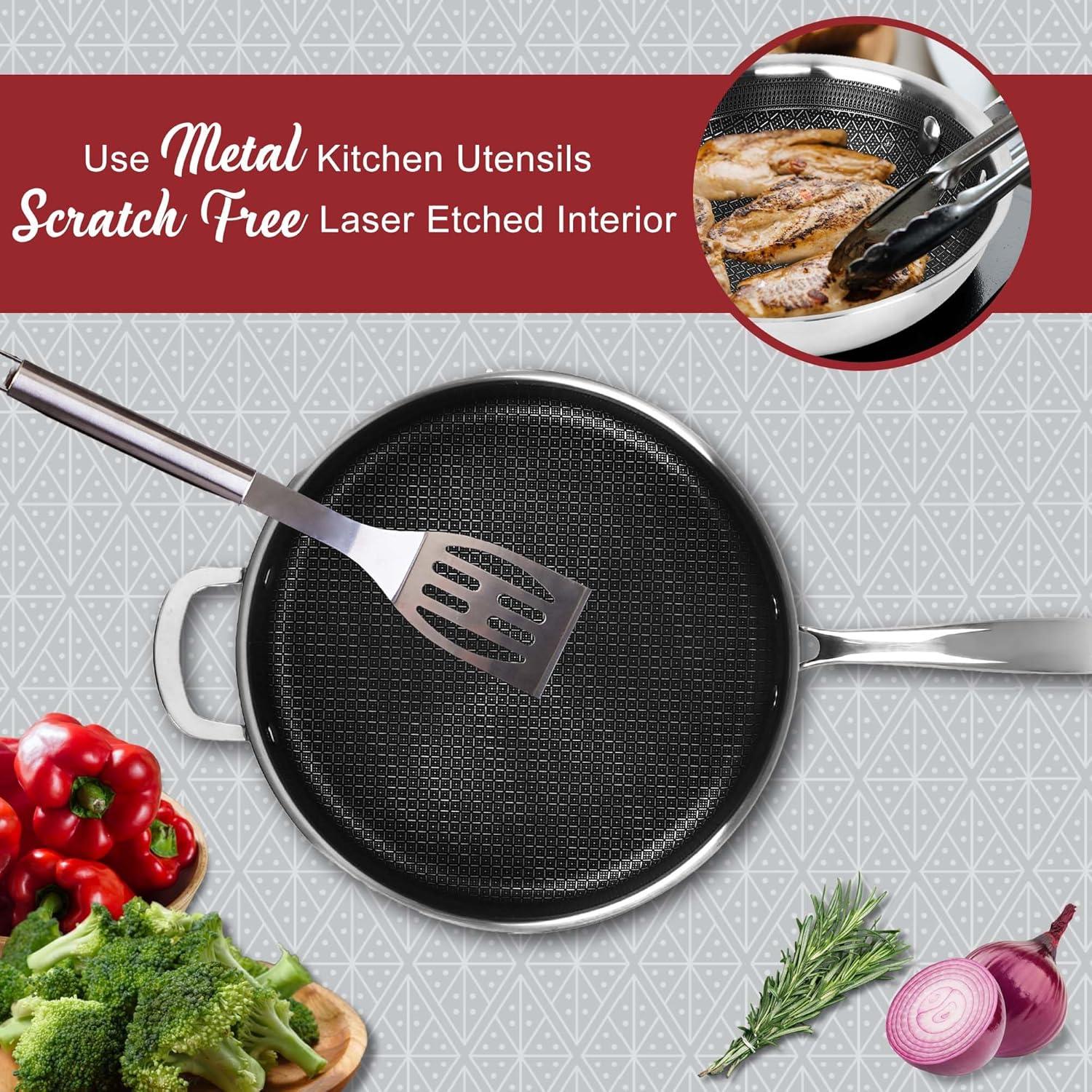 Brentwood 11-In. 3-Ply Hybrid Non-Stick Stainless Steel Induction-Compatible Deep Sauté Pan with Glass Lid