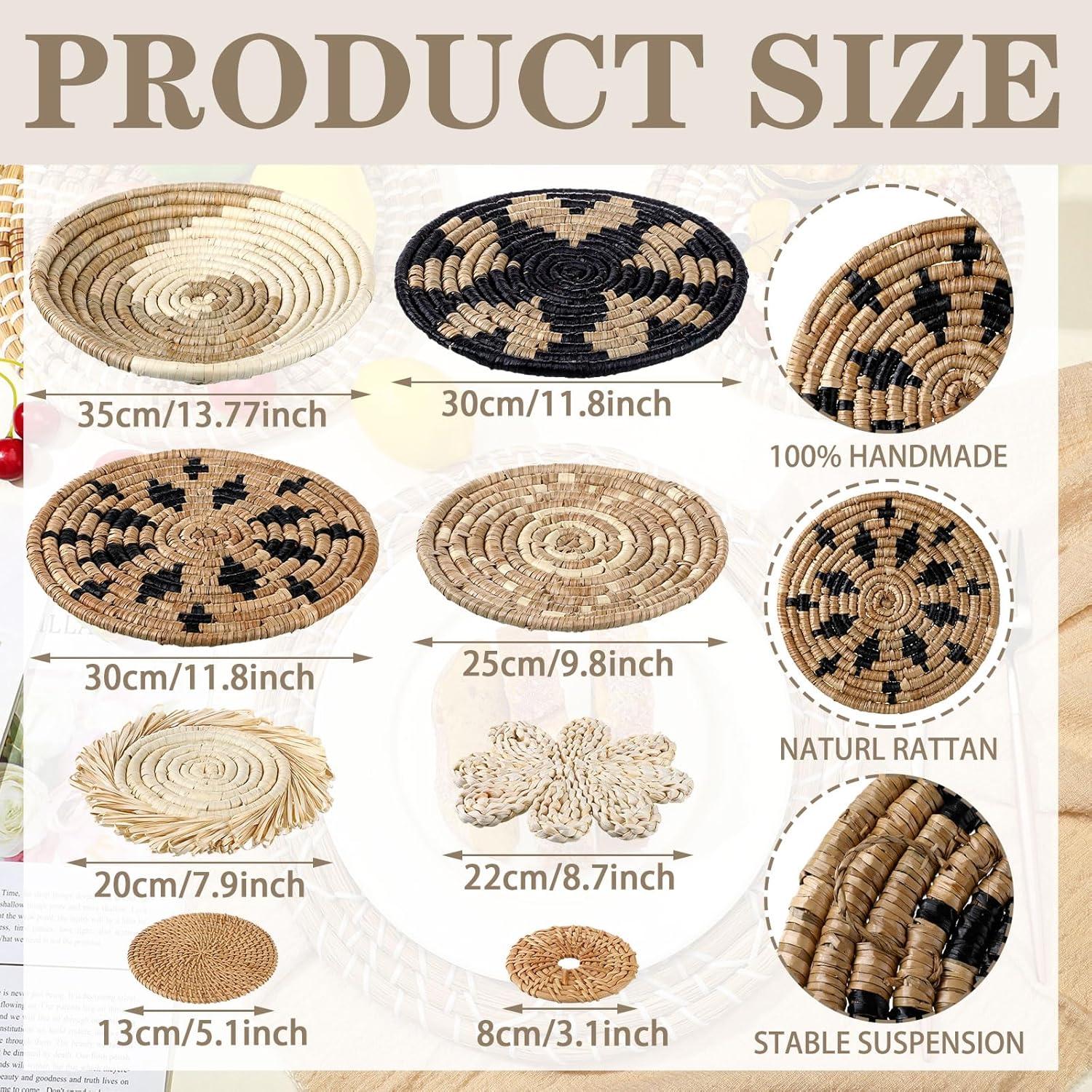 Tatuo 11 Pcs Boho Wall Basket Decor Decorative Bulrush Woven Basket Wall Decor Art Round Farmhouse Hanging Baskets for Kitchen Rustic Home Summer Decorations, Multi Sizes(Retro)