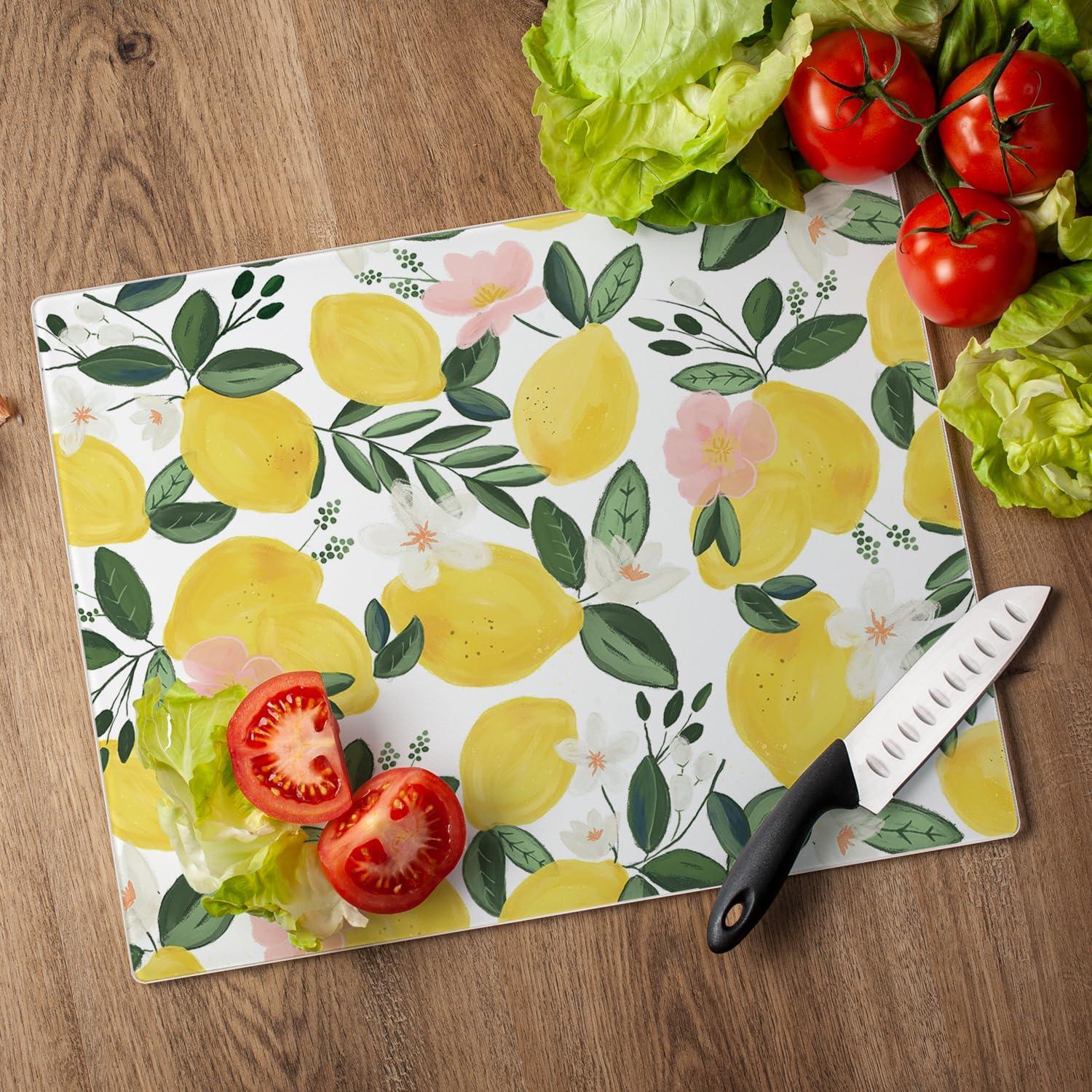 CounterArt Lemons On The Vine 3mm Glass Cutting Board 15” x 12”