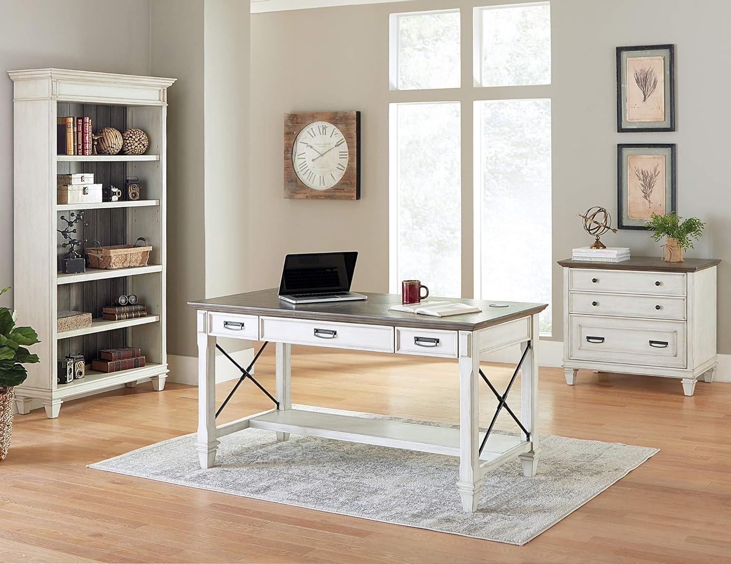 Hartford Traditional White Wood Adjustable Home Office Desk with Drawers & Power Outlets