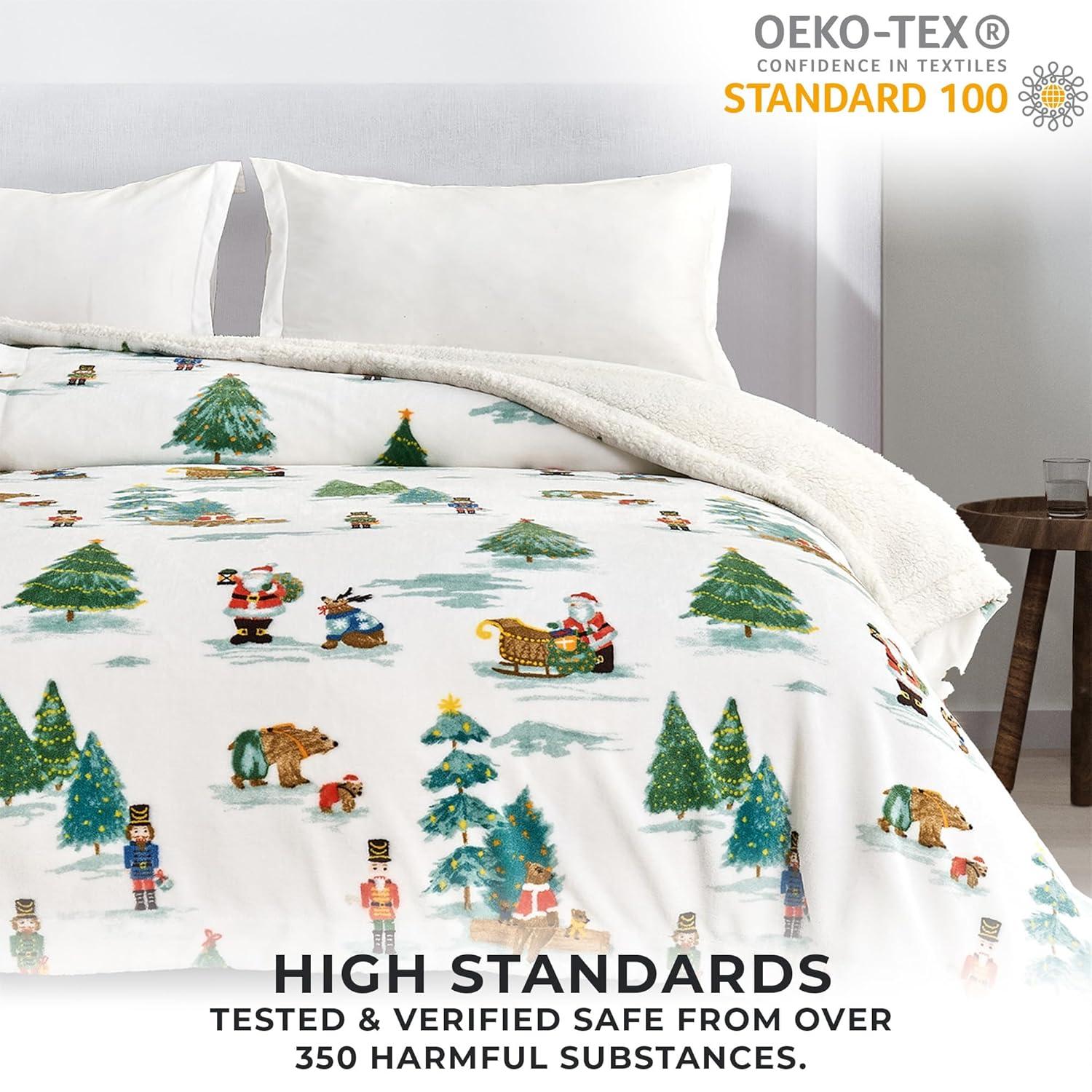 Holiday-Printed Plush Throw Blanket - Great Bay Home (50" x 60", Watercolor Santa and Friends)