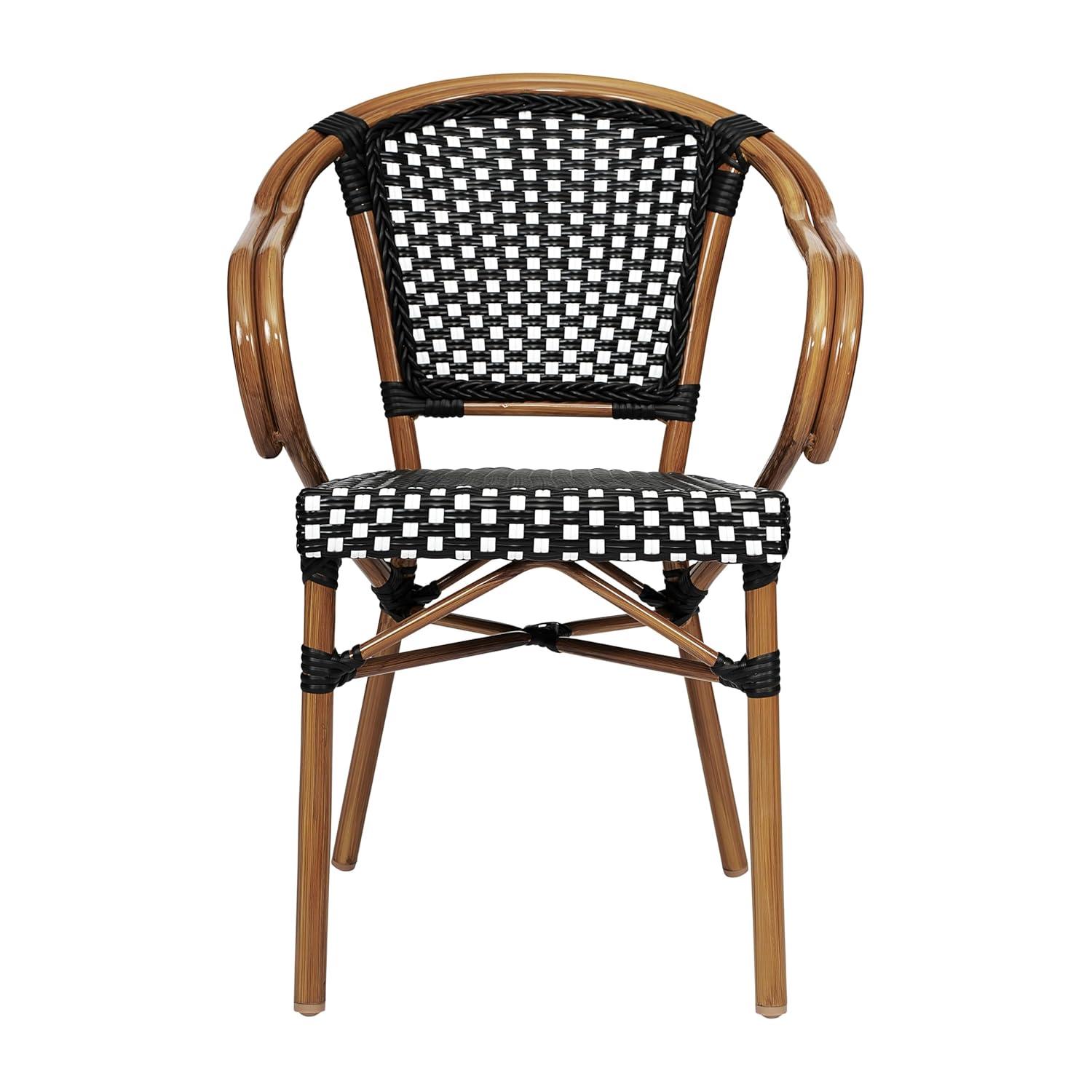 Emma & Oliver Soie Indoor/Outdoor Stacking Thonet Bistro Style Chair with Arms, Black & White PE Rattan Seat and Natural Bamboo Finished Metal Frame
