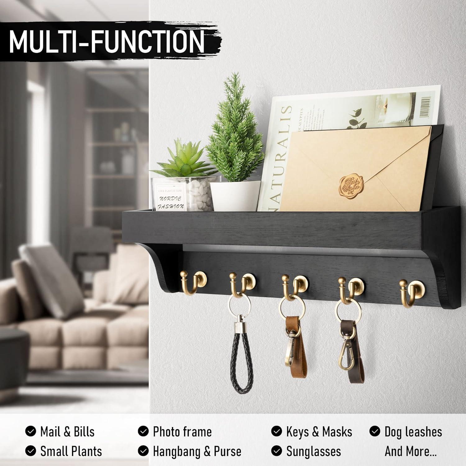 Rebee Vision Decorative Key Holder Wall Mount with Shelf - Modern Mail Organizer with 5 Key Hooks (Black)