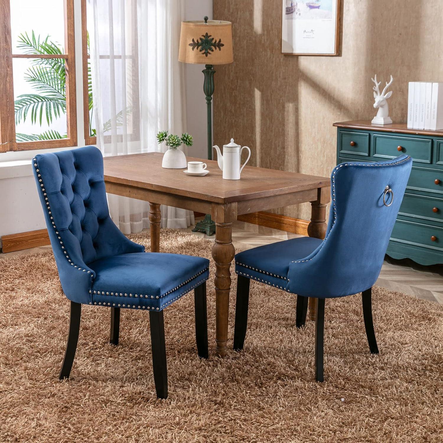 Blue Velvet Upholstered Tufted Side Chair Set with Wood Legs