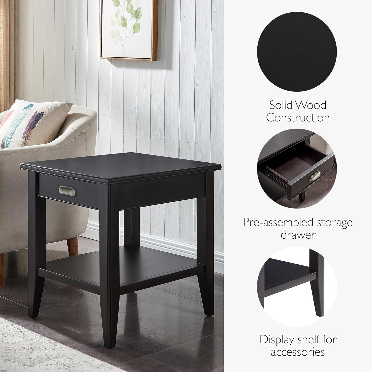 Leick Home, 1-Drawer Solid Wood Laurent 20 in. End Table with Shelf, Black