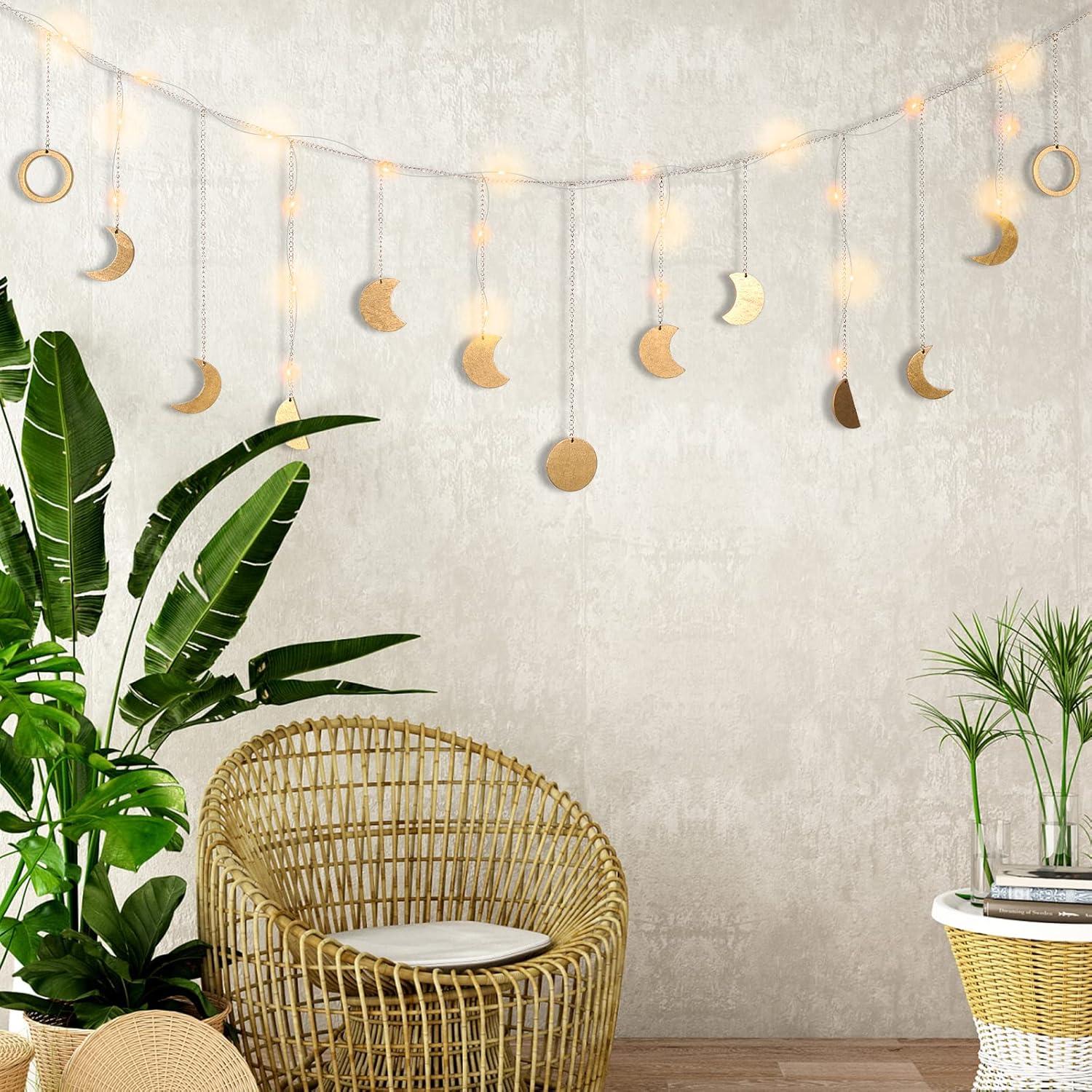 Moon Phase Wall Decor with LED String Light, 13 Gold Wood Boho Wall Hanging Decor Mood Garland 56'' - Celestial Phases Moon Decor in Bohemian Style for Bedroom Home Living Room Independence Day Gifts
