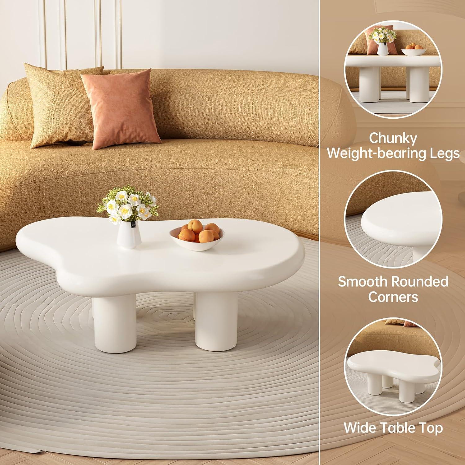 Guyii 41.02" Cream White Cloud Coffee Table, Irregular Coffee Table with 3 Legs for Living Room, Office