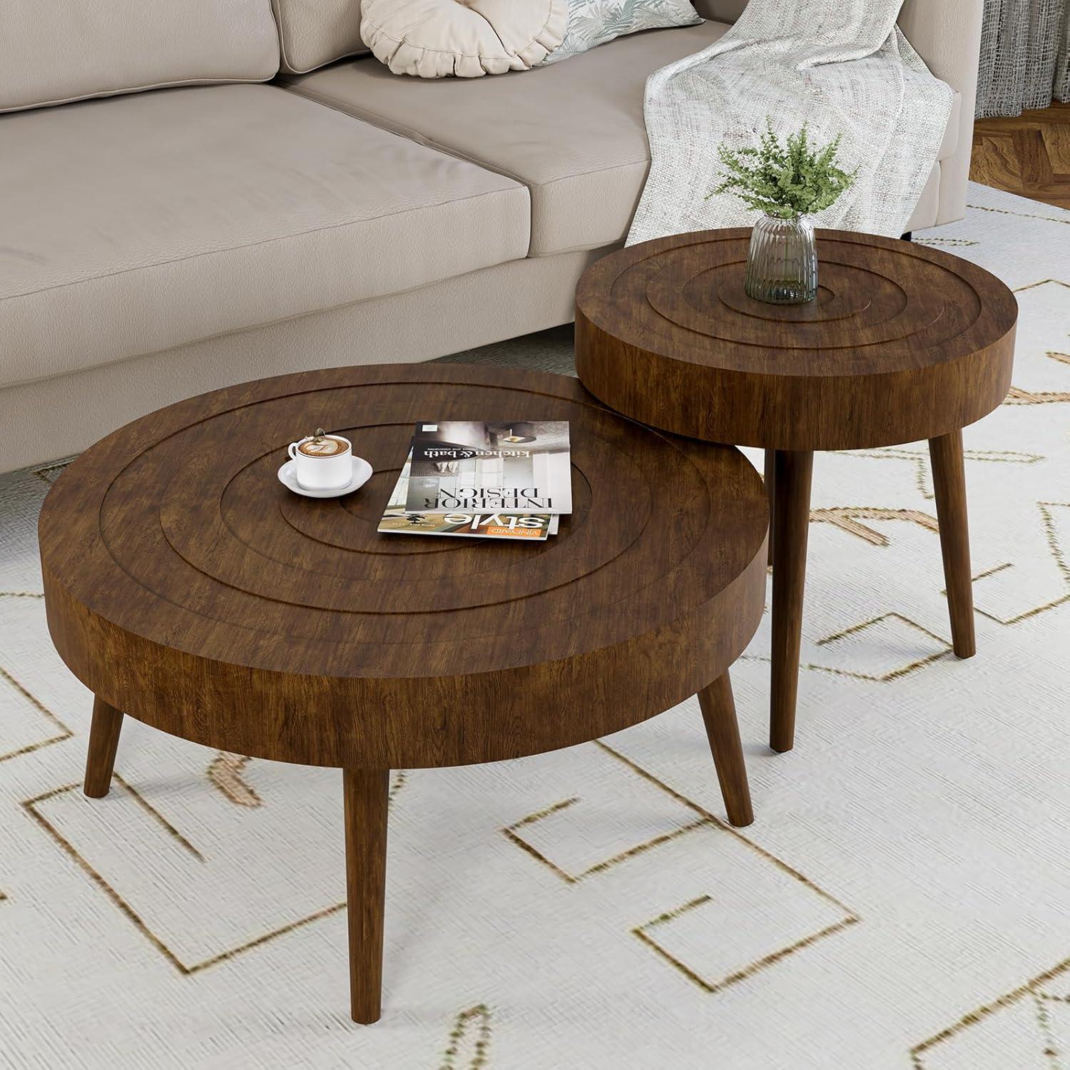 COSIEST 2 Piece Round Coffee Table Set, Modern Nesting Table with Handcrafted Wood Ring Motif, Farmhouse Wood End Table for Living Room