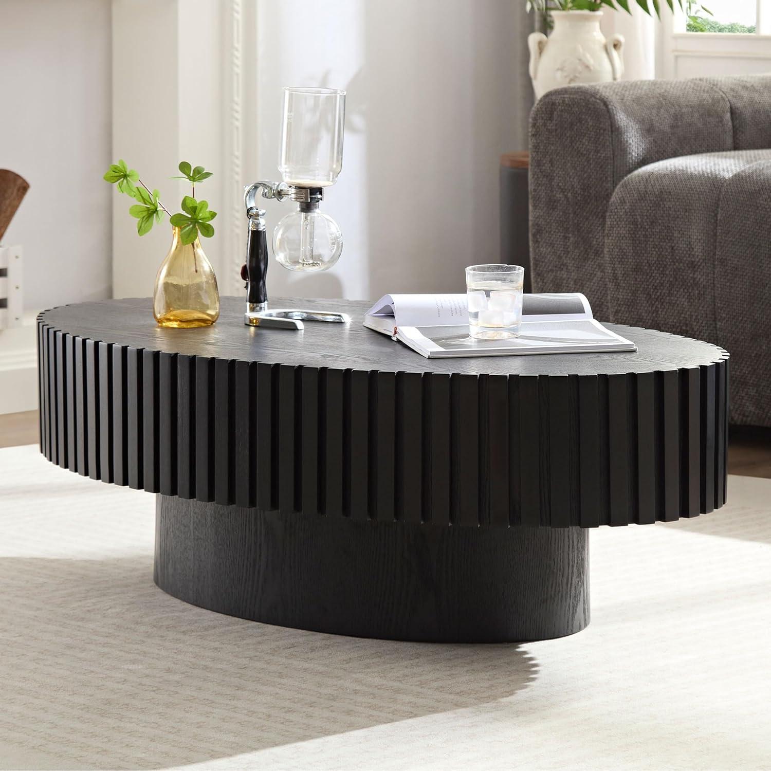 43.7'' Oval Wood Coffee Table,Modern Handcraft Drum Coffee Table for Living Room, Small Center Table with Sturdy Pedestal (Black, L43.7 x W24.8 x H13.38)