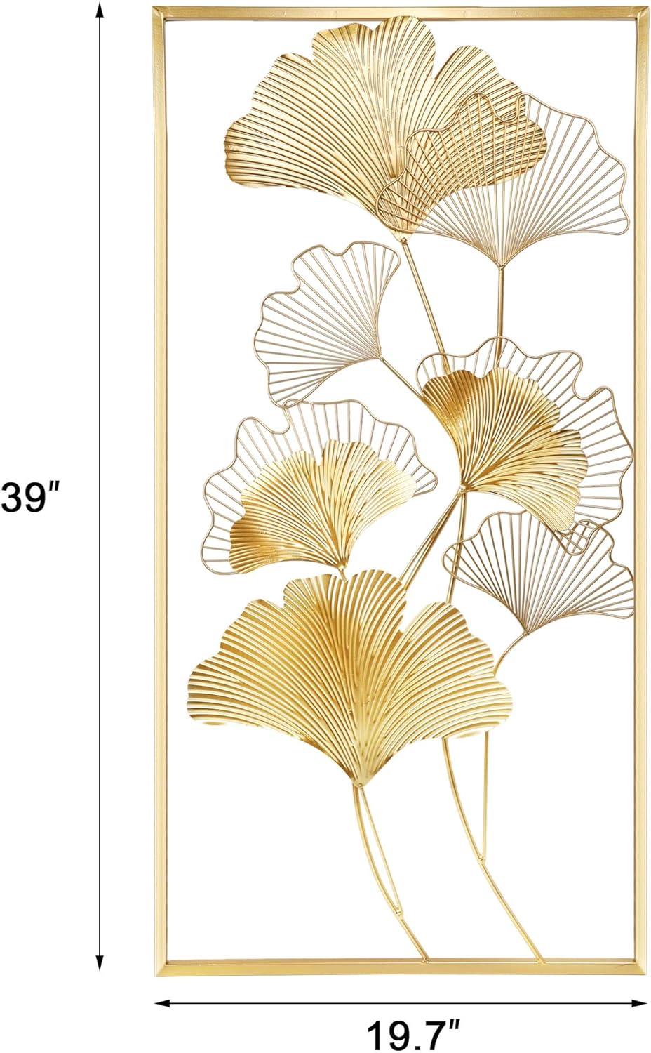 Rectangular Metal Wall Decor, Modern 39"X 20" Golden Ginkgo Leaves Metal Wall Decor with Frame Home