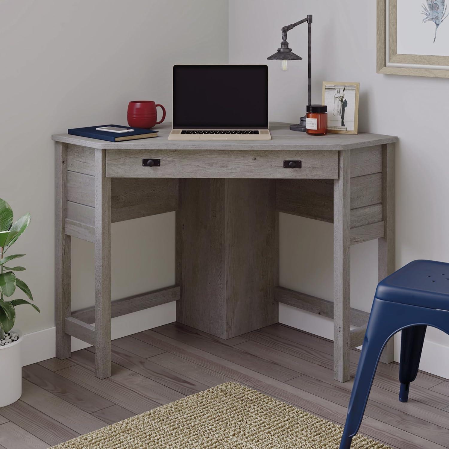 Mystic Oak Gray Corner Desk with Drawer and Keyboard Tray