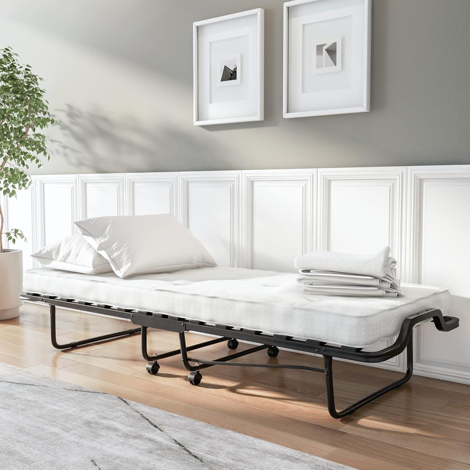 Compact Twin Metal Frame Rollaway Bed with Memory Foam