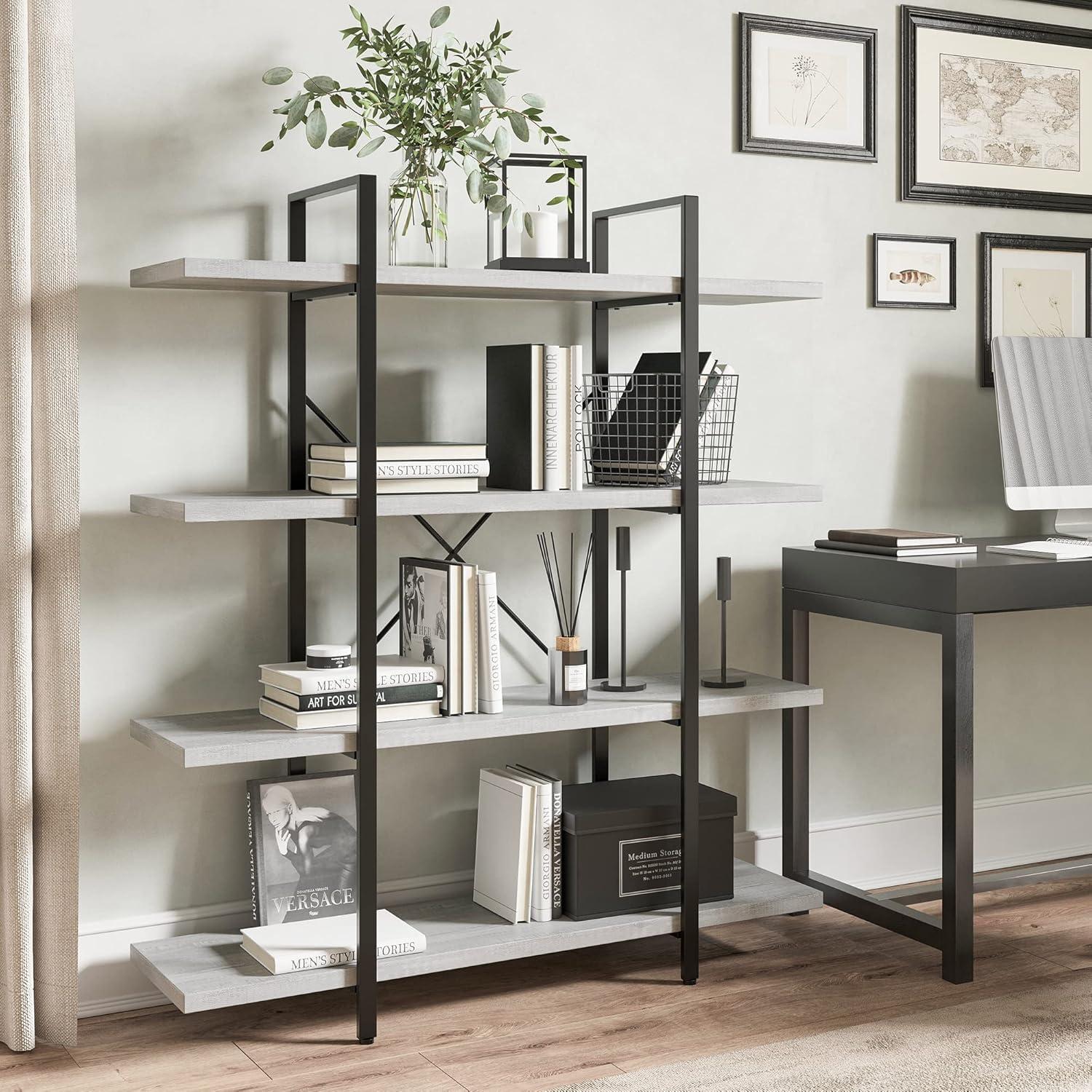 Stone Gray 4-Tier Industrial Wood and Metal Bookshelf