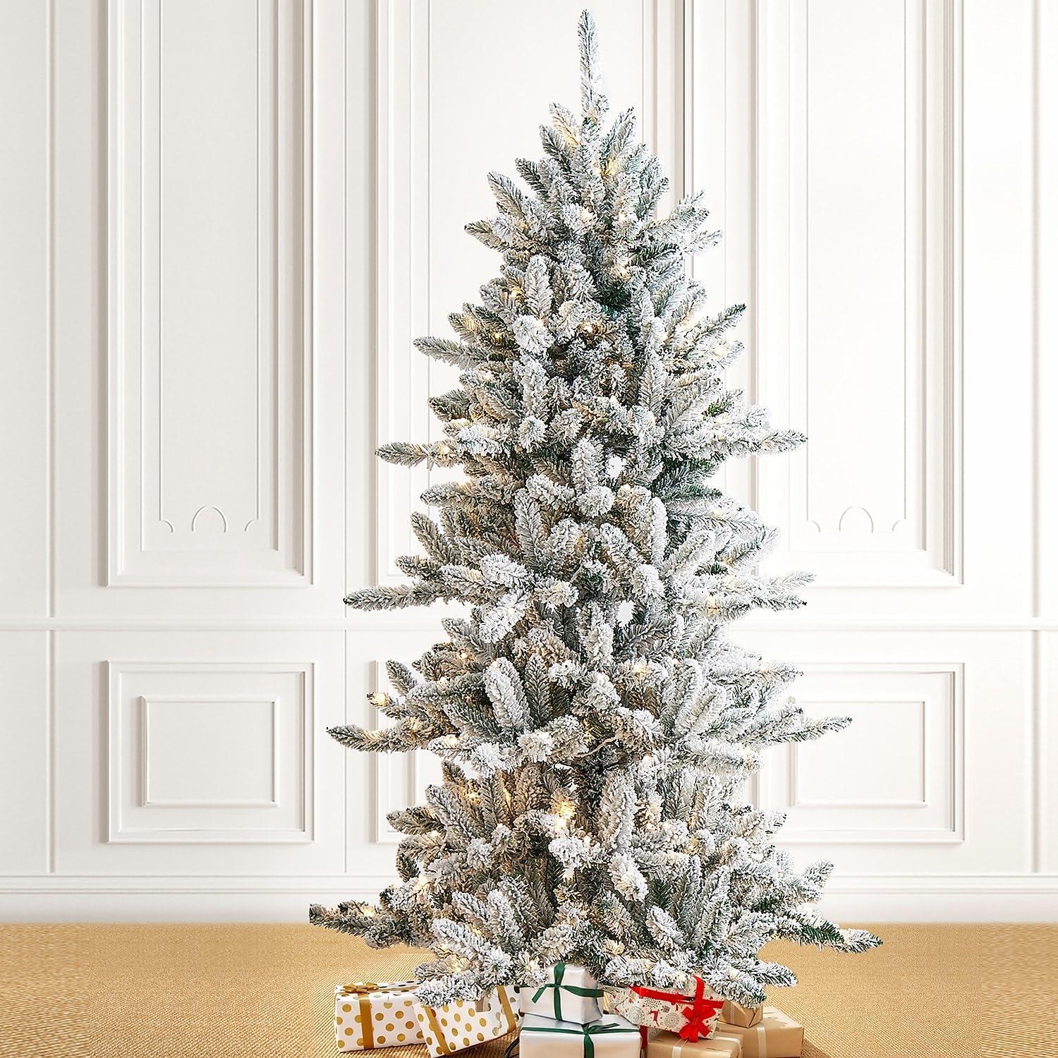 Glitz Design Glitzhome 6ft Pre-Lit Flocked Slim Fir Artificial Christmas Tree with 300 Warm White