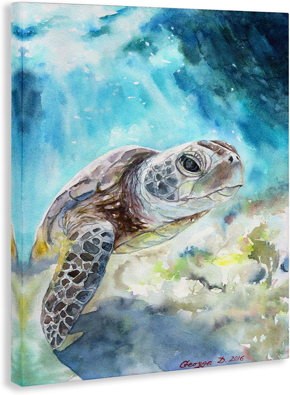 16x20 Blue Sea Turtle Watercolor Canvas Wall Art for Kids